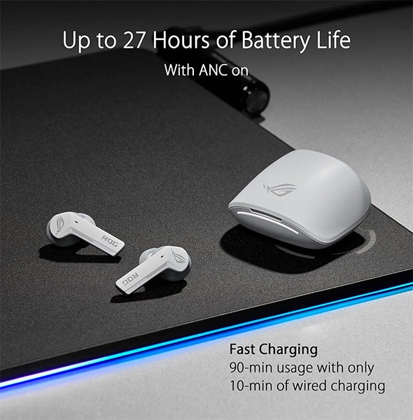 White wireless earbuds placed beside their charging case on a black and blue illuminated surface, perfect for gaming or VR enthusiasts. Text states 27-hour battery life and fast charging.