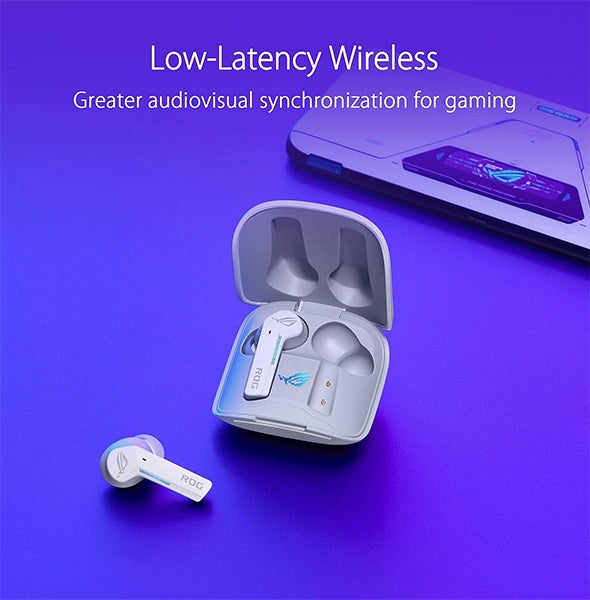 A pair of white wireless earbuds, one in and one out of the charging case, with text: "Low-Latency Wireless, Greater audiovisual synchronization for gaming and VR experiences.