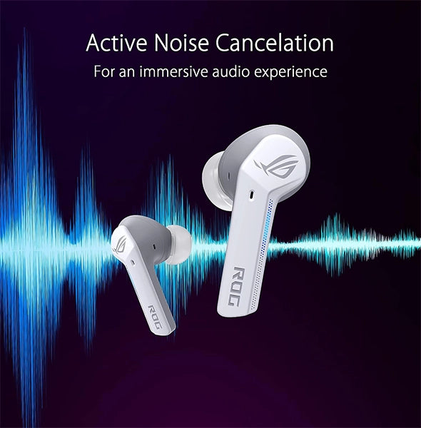 Earbuds with active noise cancellation, designed for immersive audio. Perfect for gaming or as VR accessories, these earbuds let sound waves in the background highlight their advanced technology.