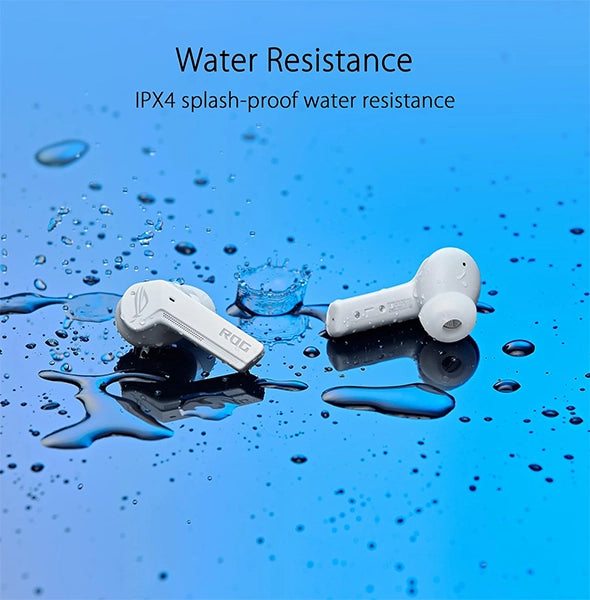 Two white wireless earbuds on a wet blue surface with water droplets. Text: "Water Resistance, IPX4 splash-proof water resistance." Perfect for VR gaming and on-the-go adventures.