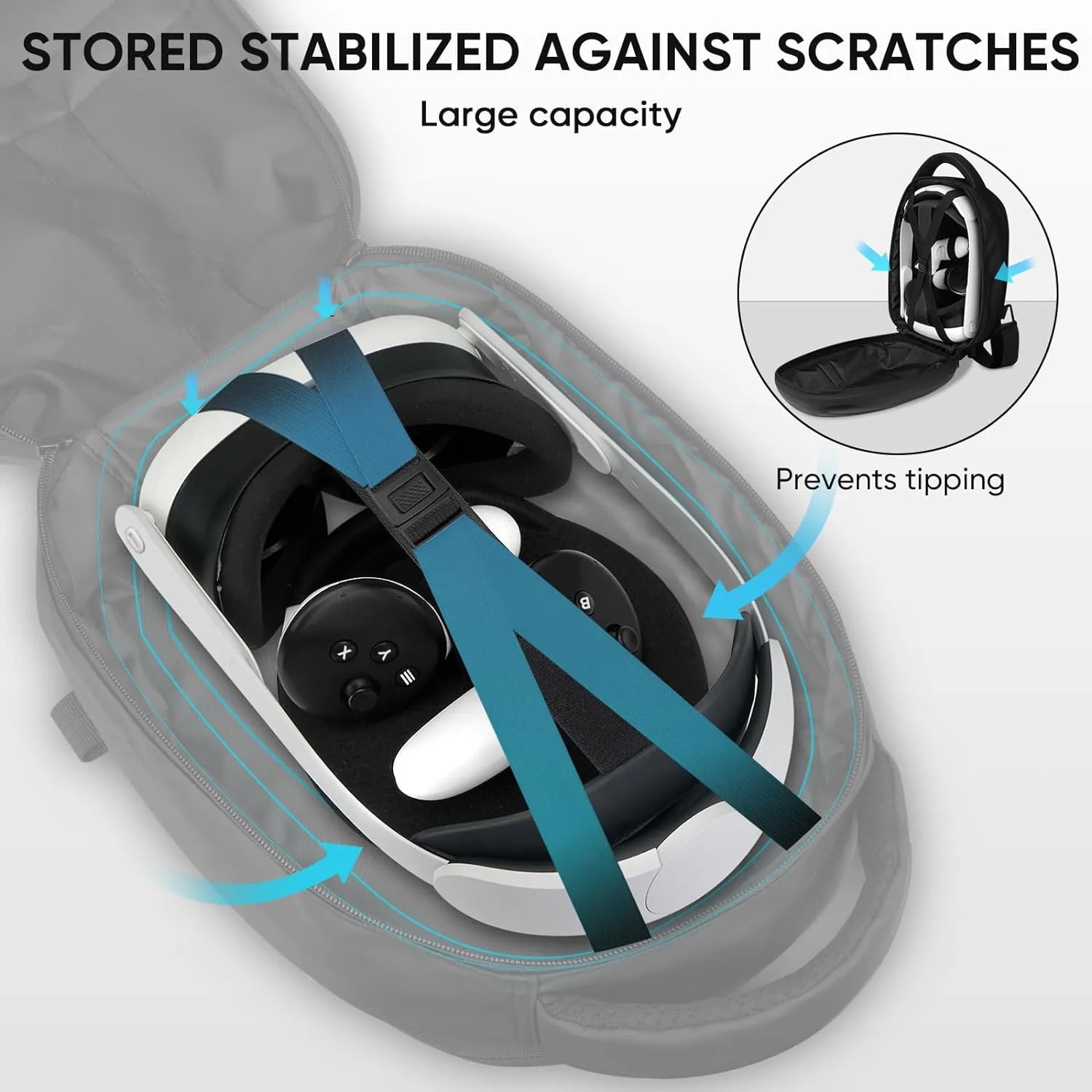 VR gaming headset and controllers secured with straps in a protective case featuring anti-scratch and anti-tipping elements. These essential VR accessories ensure your gear remains safe and ready for action.