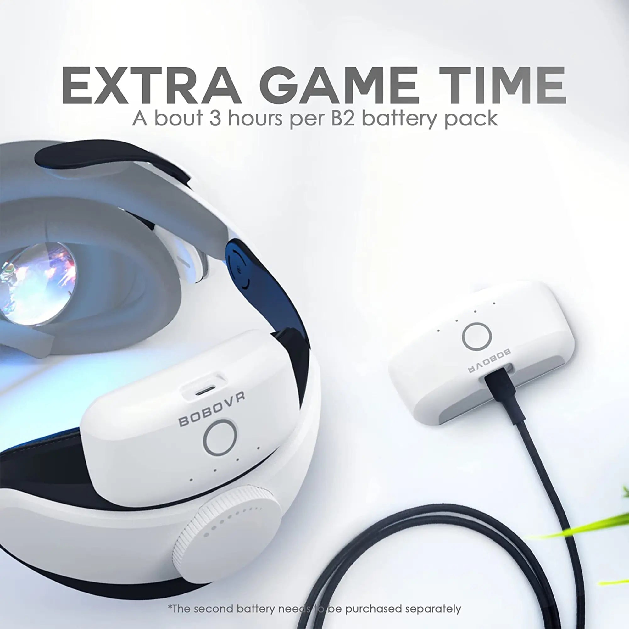 Virtual reality headset with an additional B2 battery pack attachment and charging cable. Text reads, "EXTRA GAME TIME - About 3 hours per B2 battery pack." Additional vr accessories sold separately.