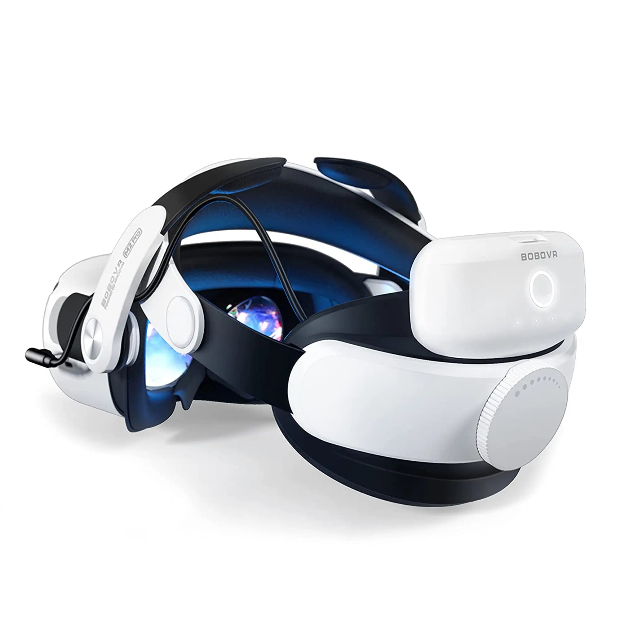 A white and black virtual reality headset with adjustable straps and a built-in headlamp.