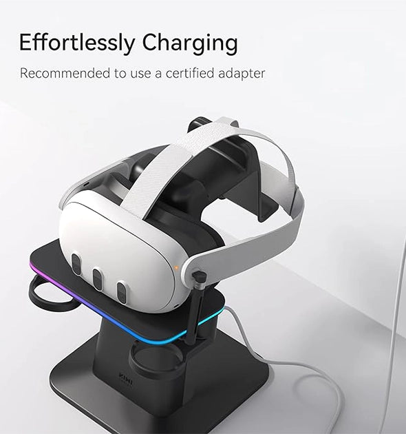 A VR headset on a charging stand with the text "Effortlessly Charging" and "Recommended to use a certified adapter" above it, showcasing essential VR accessories perfect for seamless gaming.