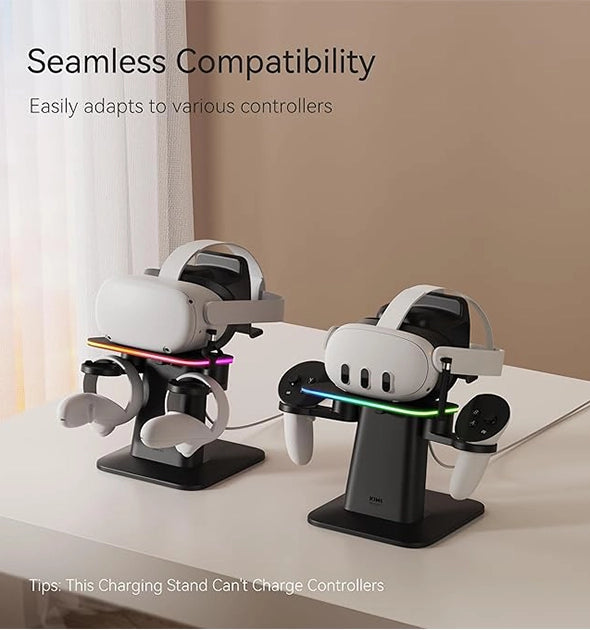 Two VR headsets with controllers are displayed on charging stands with RGB lighting. Text reads, "Seamless Compatibility." Perfect for elevating your gaming experience, these vr accessories ensure you're always ready to dive into the action.