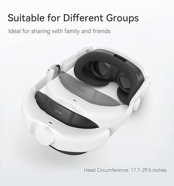 A white virtual reality headset with an adjustable head strap, marketed for diverse users, is ideal for gaming enthusiasts and comes with a variety of vr accessories, all showcased on a gray background.