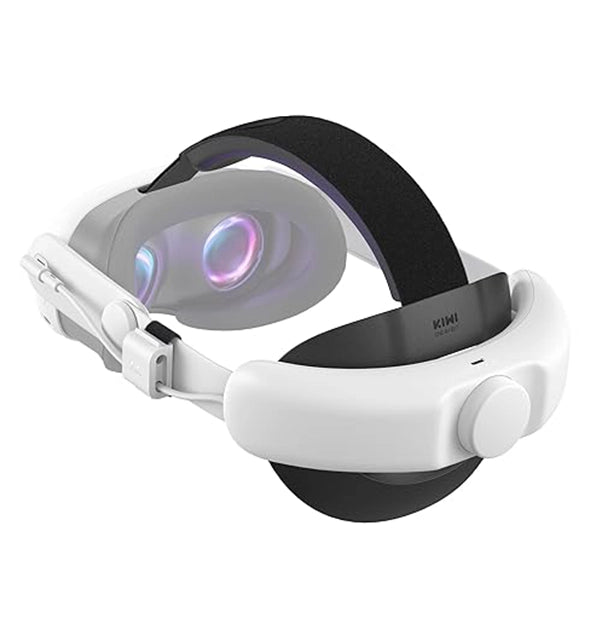 A white virtual reality headset with a black adjustable strap and glowing lenses, branded "KIWI" on the side, perfect for any gaming setup. Ideal amongst VR accessories enthusiasts.