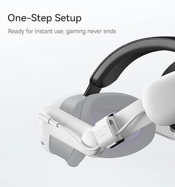 White VR headset displayed with the text "One-Step Setup: Ready for instant use, gaming never ends" on a light gray background. Complete your experience with essential VR accessories.