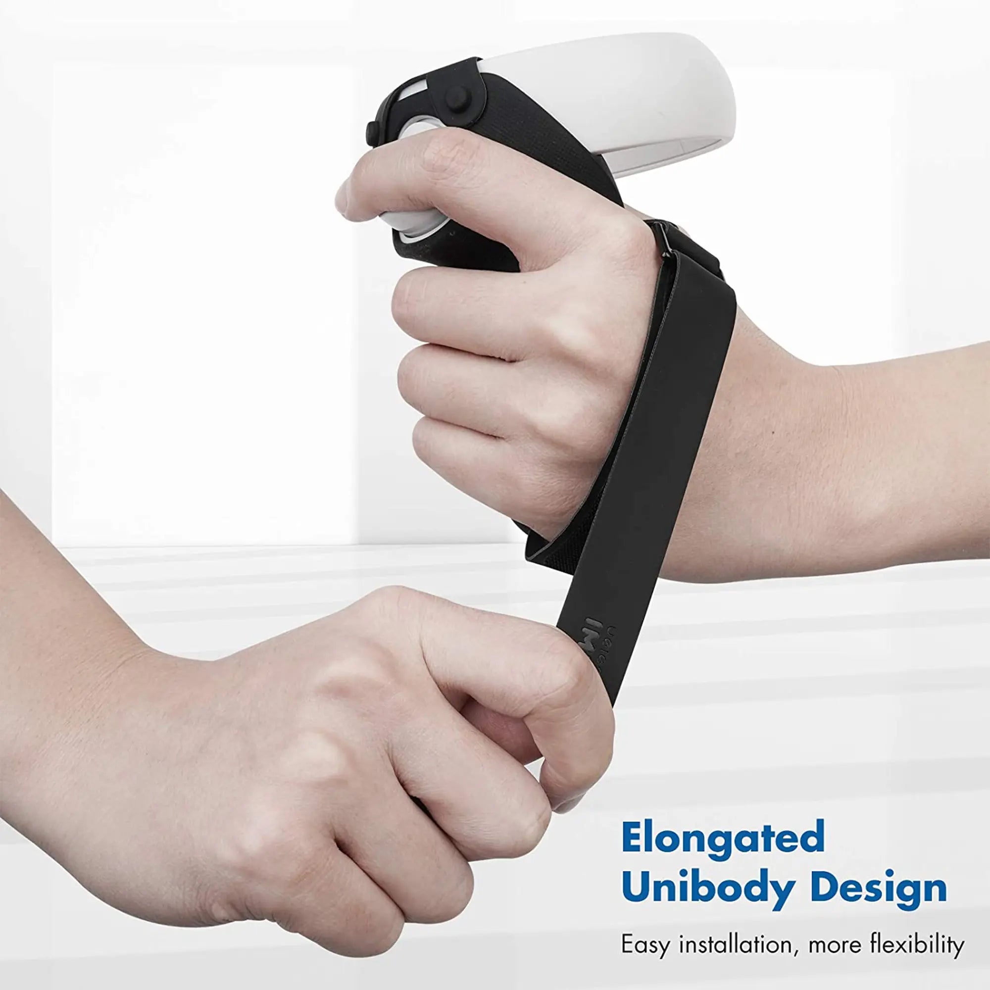 A person wearing a virtual reality controller with an elongated unibody design. Text: "Elongated Unibody Design, Easy installation, more flexibility". This sleek addition to your VR accessories enhances gaming experiences like never before.