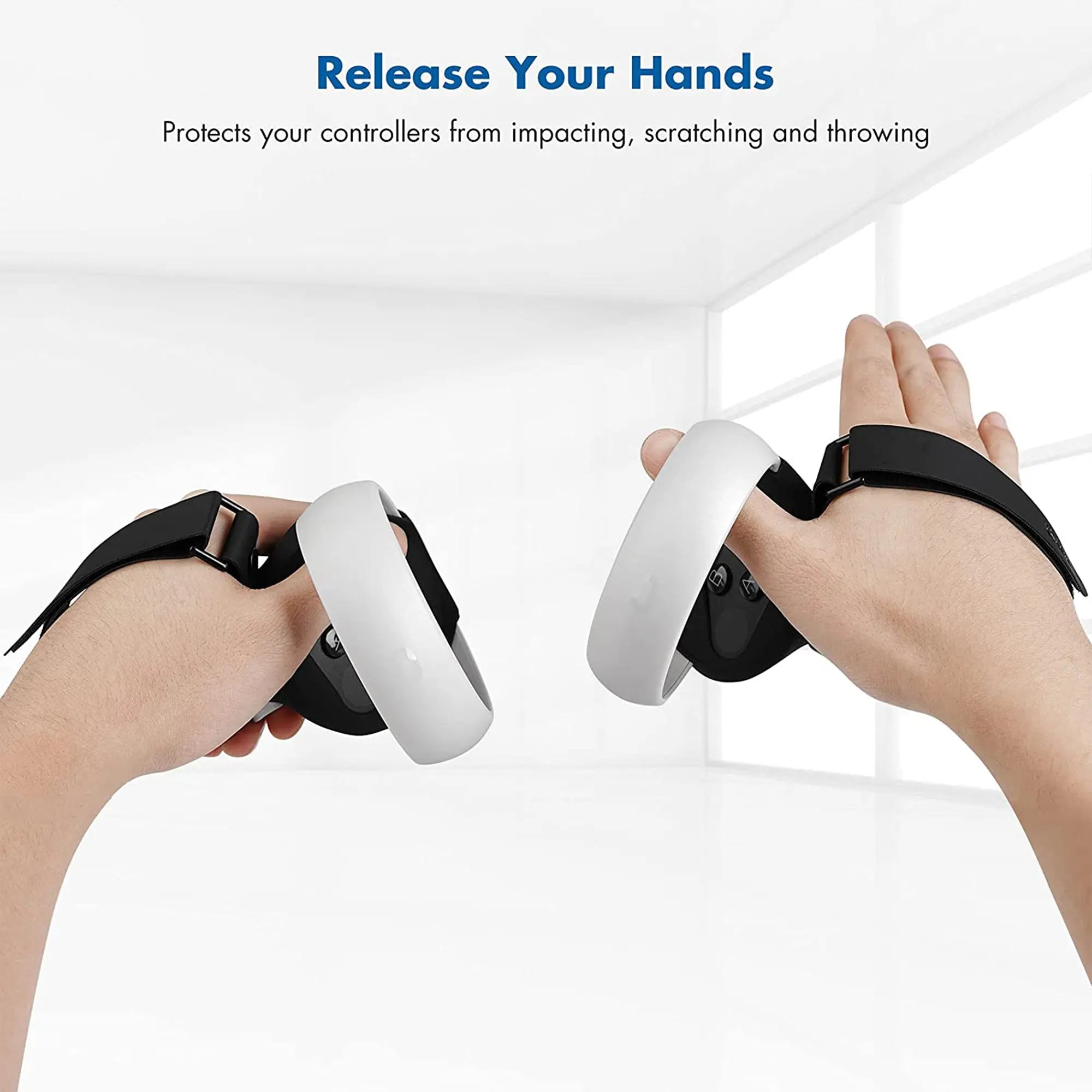 Hands wearing virtual reality controllers with straps, text above reads "Release Your Hands" with a description below about protection. Discover the ultimate gaming experience with these essential VR accessories.