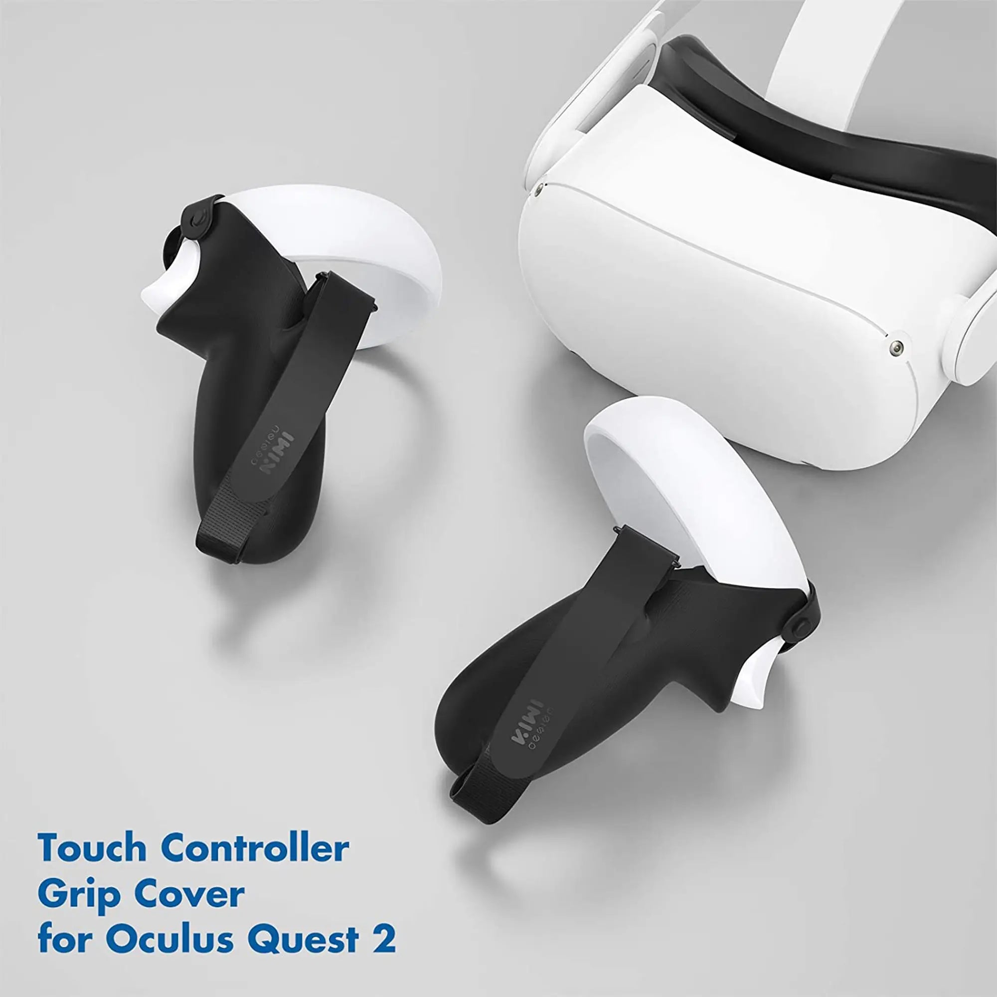 Virtual reality headset and two black and white touch controller grip covers for Oculus Quest 2 displayed on a gray surface, perfect for enhancing your gaming experience with must-have VR accessories.