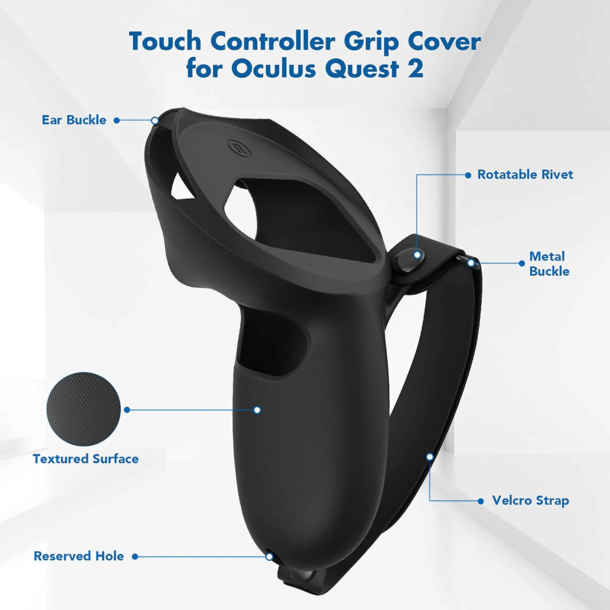 Image of a black touch controller grip cover for Oculus Quest 2, perfect for gaming, with labeled parts: Ear Buckle, Textured Surface, Reserved Hole, Rotatable Rivet, Metal Buckle, and Velcro Strap. A must-have VR accessory for enhancing your virtual reality experience.