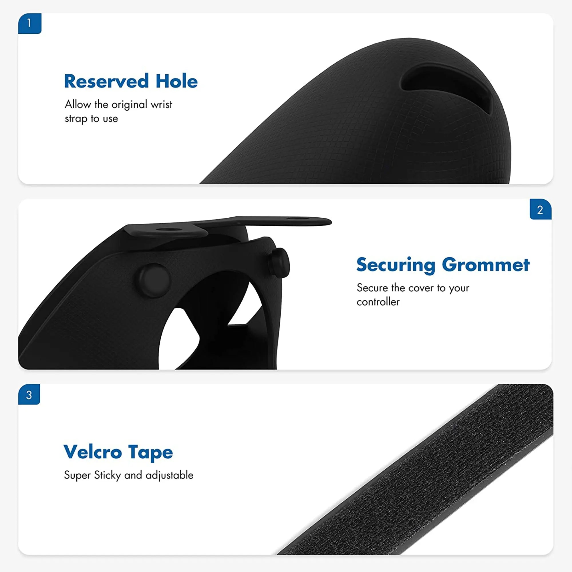 Three labeled images show features of an accessory ideal for VR gaming: a reserved hole for a wrist strap, a securing grommet, and adjustable Velcro tape.