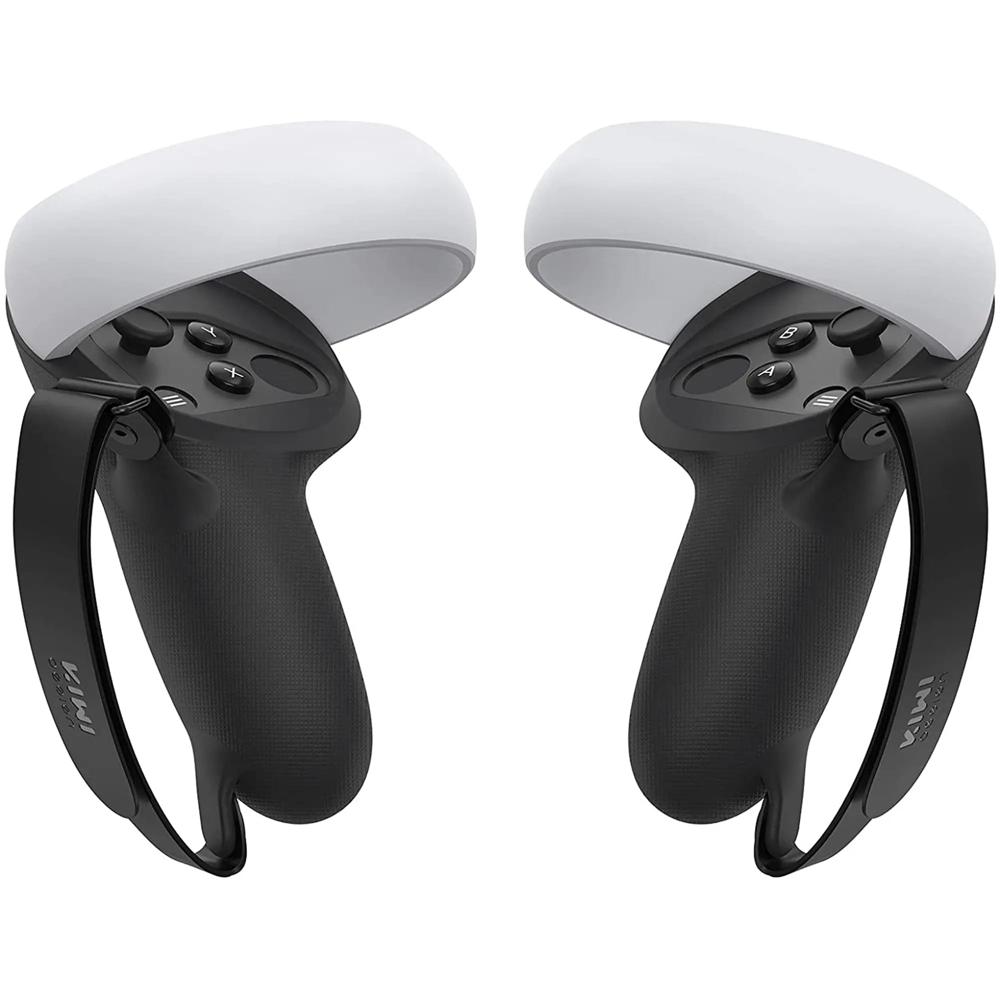 Two black and white VR controllers with wrist straps, displaying multiple buttons and ergonomic grips, are positioned facing each other. These essential VR accessories enhance your gaming experience with intuitive control and comfort.