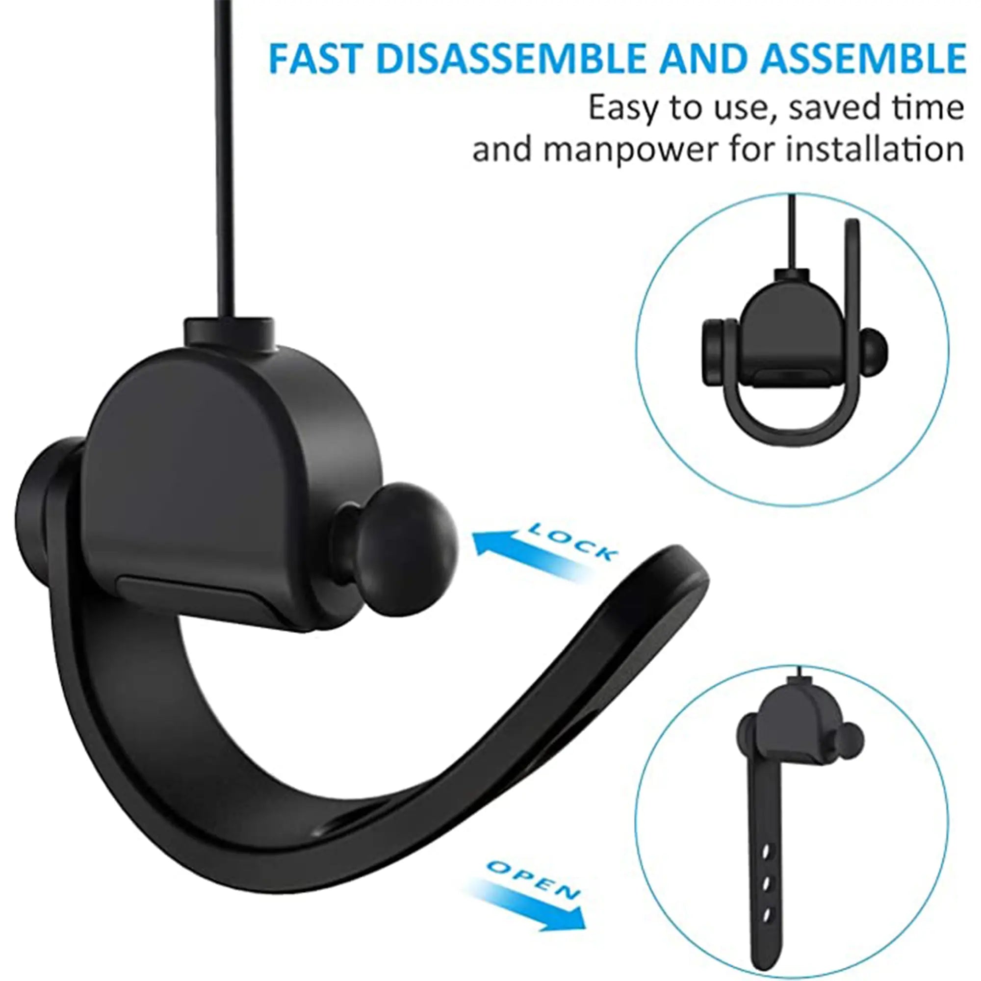 A black headset hanger with a simple locking mechanism for easy disassembly and assembly is shown. Perfect for VR and gaming enthusiasts, the caption reads, "FAST DISASSEMBLE AND ASSEMBLE." Small images on the right illustrate the locking and unlocking process with arrows and text indicating "LOCK" and "OPEN.