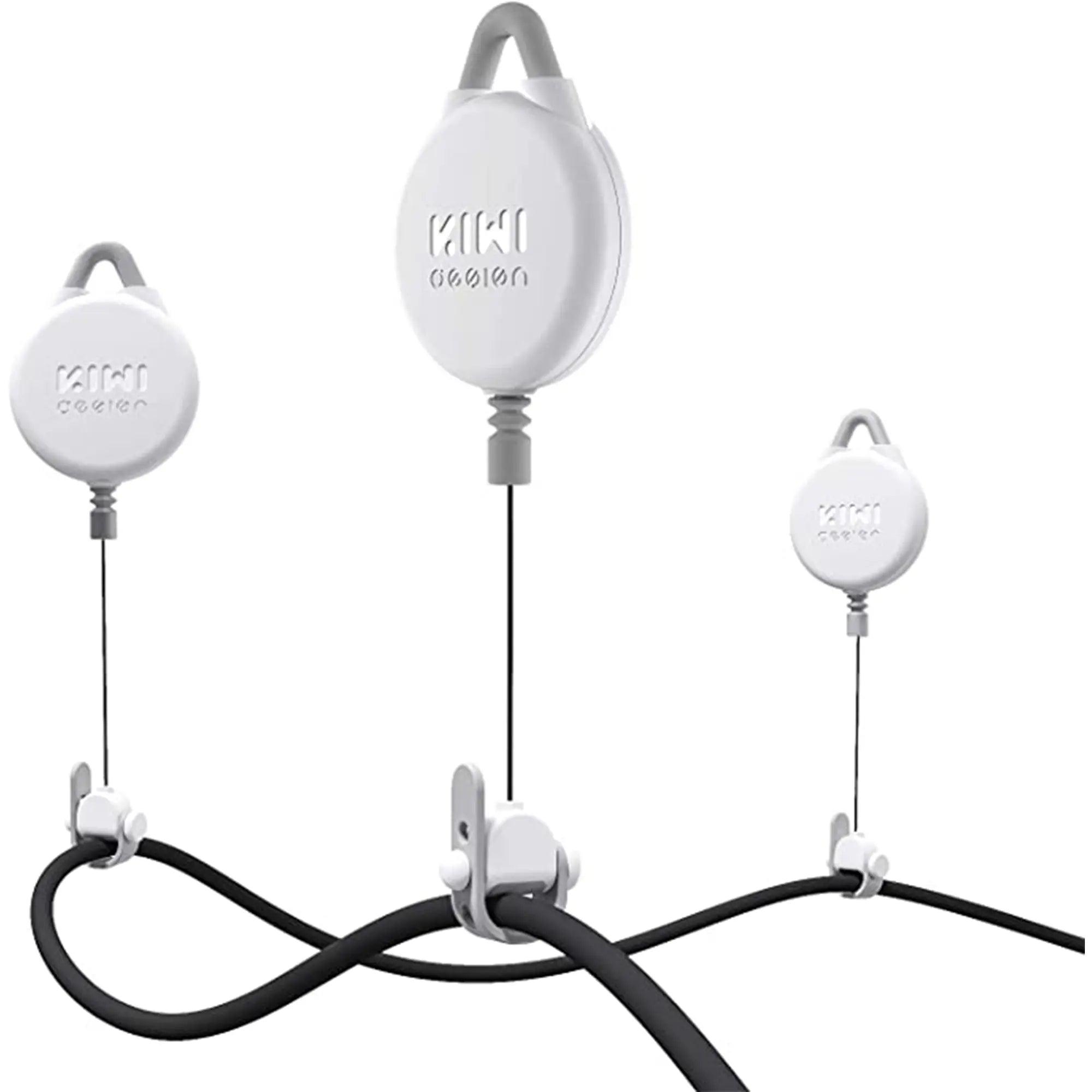 Three retractable cable organizers in white are shown, each mounted on a wall with black cables being neatly held. The organizers, branded "KiWi design," are perfect for managing your VR accessories and gaming setup, emphasizing tidy and efficient cable management.