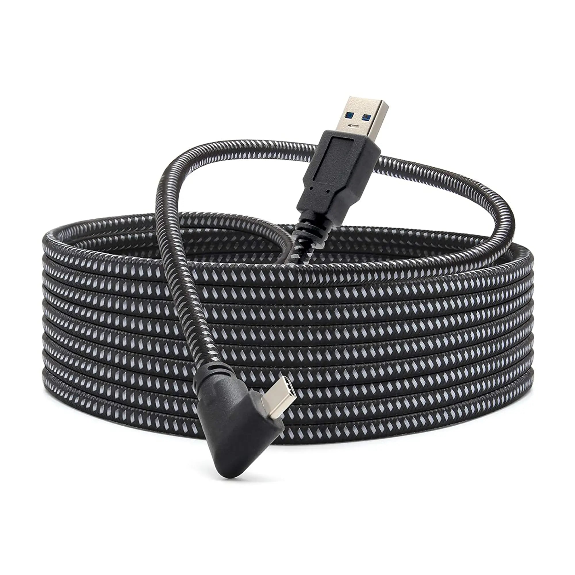 A black braided USB to USB-C cable, coiled neatly with one end featuring a standard USB connector and the other a right-angled USB-C connector.