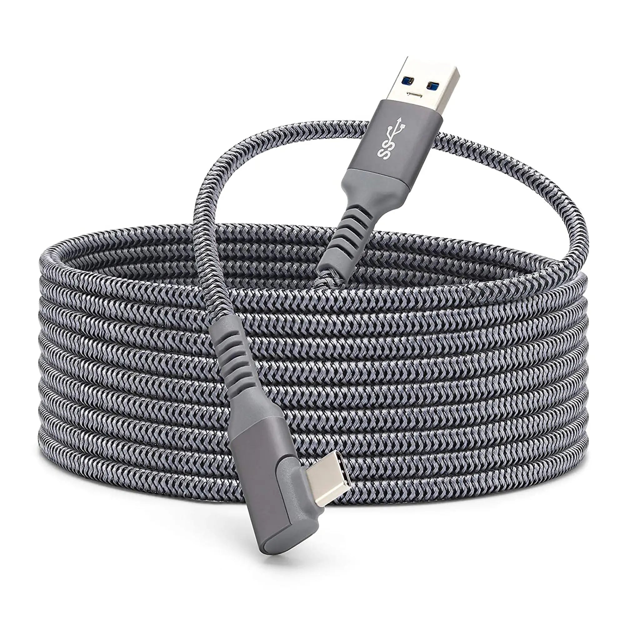 A silver braided USB to USB-C cable, coiled neatly with one end featuring a standard USB connector and the other a right-angled USB-C connector.