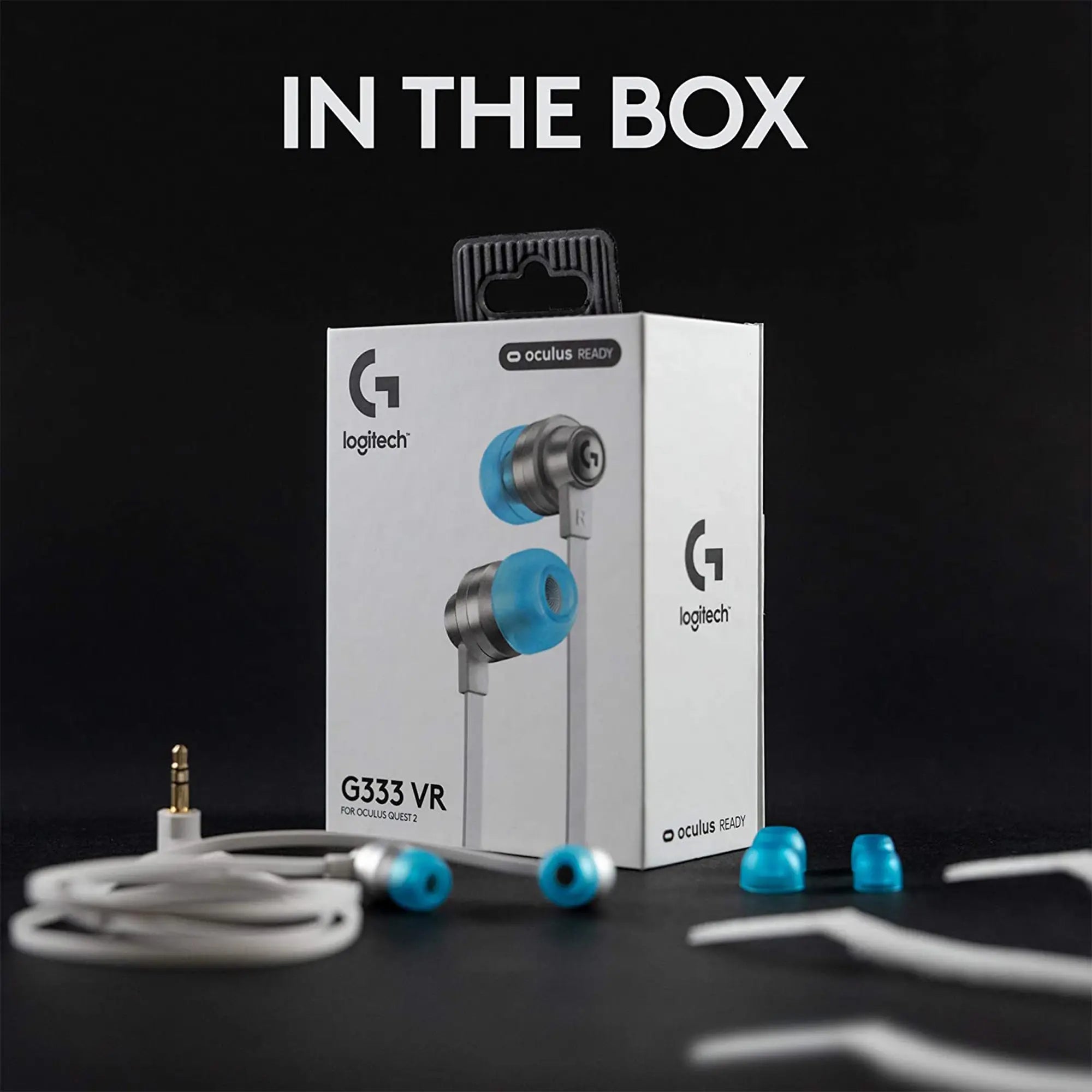 Logitech G333 VR earphones packaging and contents on display.