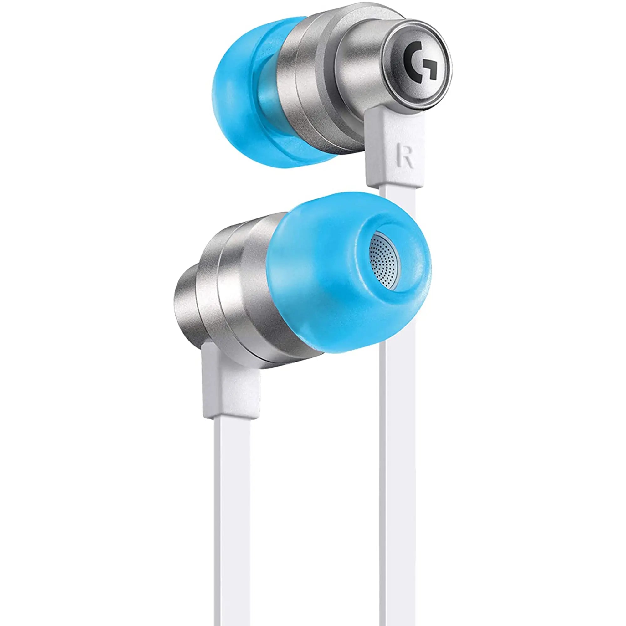 VR In Ear Headphones with a blue silicone tip for your ear and an aluminum housing