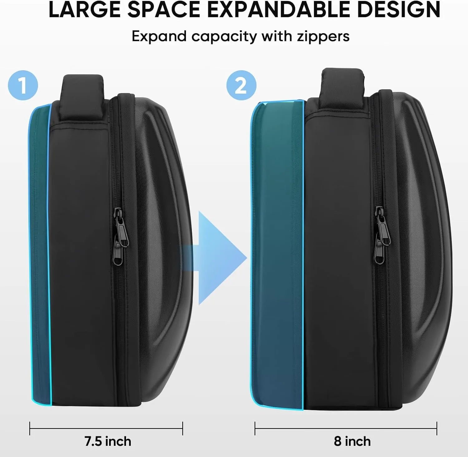 Two side-by-side images of a black bag showcasing its expandable design, perfect for VR accessories. Left: 7.5 inches wide. Right: 8 inches wide with expanded zippered section.