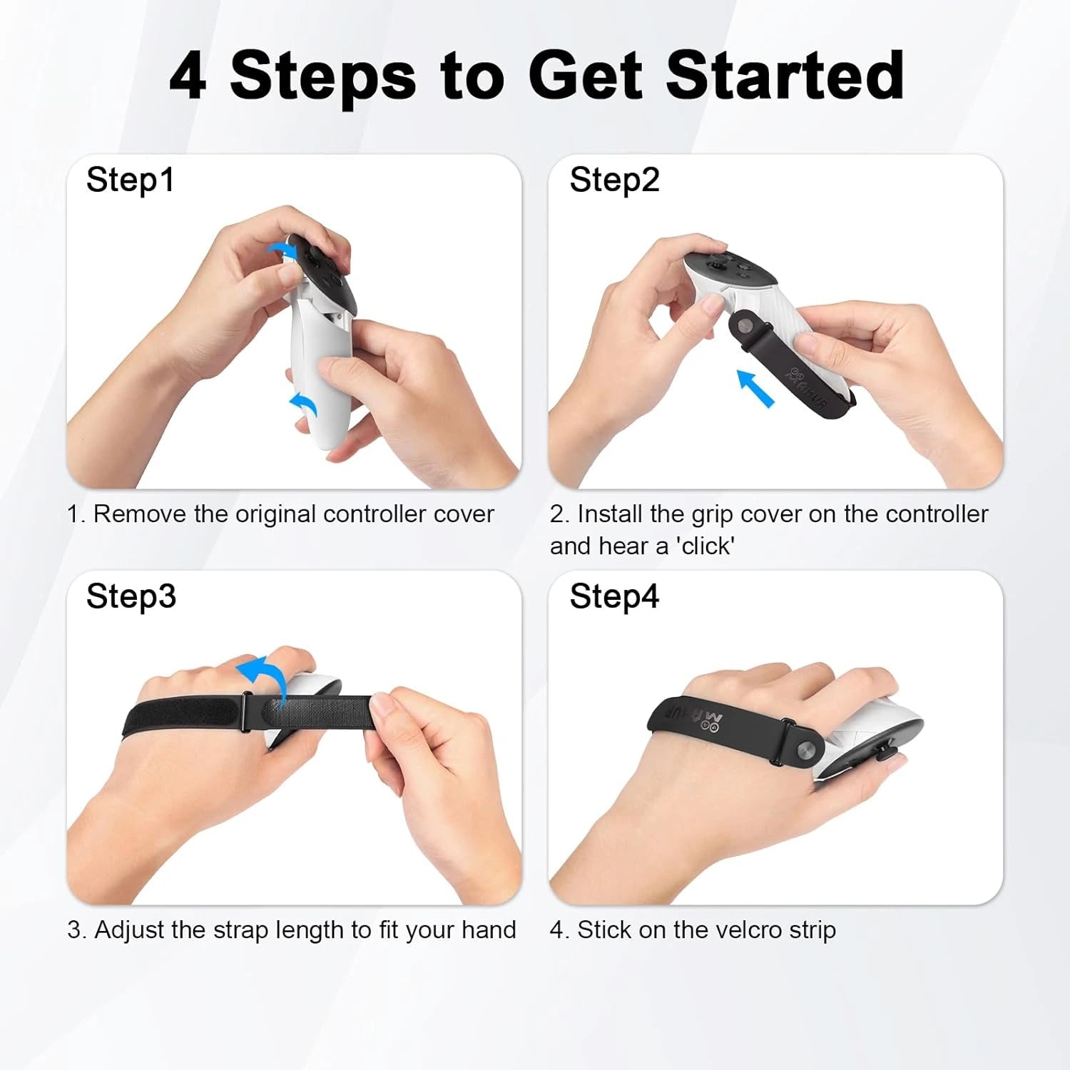 Instructions for attaching a grip cover and strap to a VR controller, in four steps, featuring hands demonstrating each step.