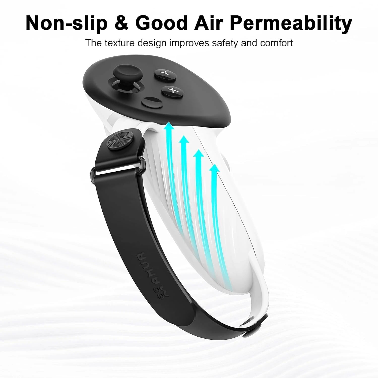 White and black controller with an adjustable hand strap, perfect for VR gaming. Text reads: "Non-slip &amp; Good Air Permeability. The texture design improves safety and comfort.