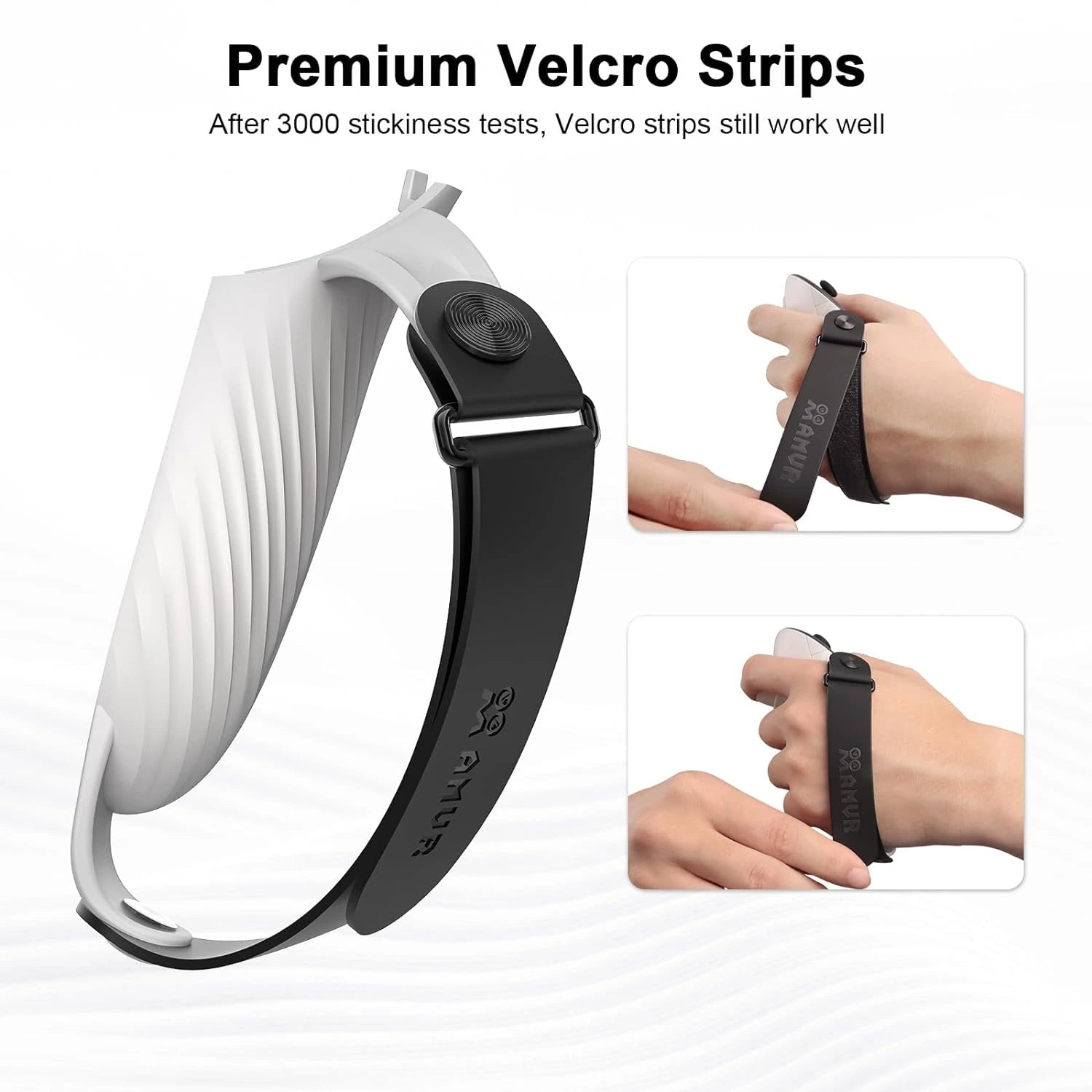 Image showing closeups of hands using a black wrist strap with Velcro. Text reads "Premium Velcro Strips" and mentions “3000 stickiness tests.” Perfect for securing gaming controllers or VR accessories.