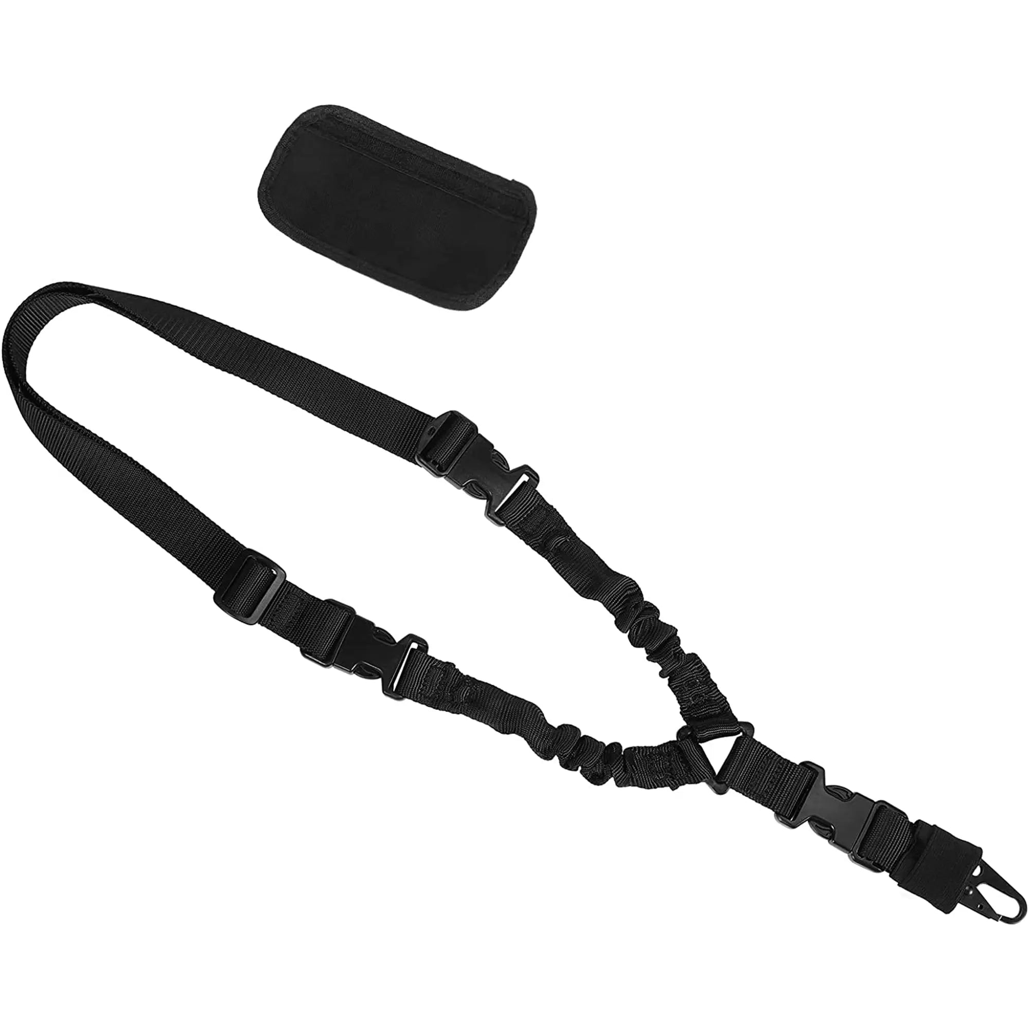 A black adjustable rifle sling with clips and buckles is laid out on a white background. Above the sling is a small black pouch. The sling includes padding for shoulder comfort and durability, suitable for carrying firearms, VR accessories, or similar items.