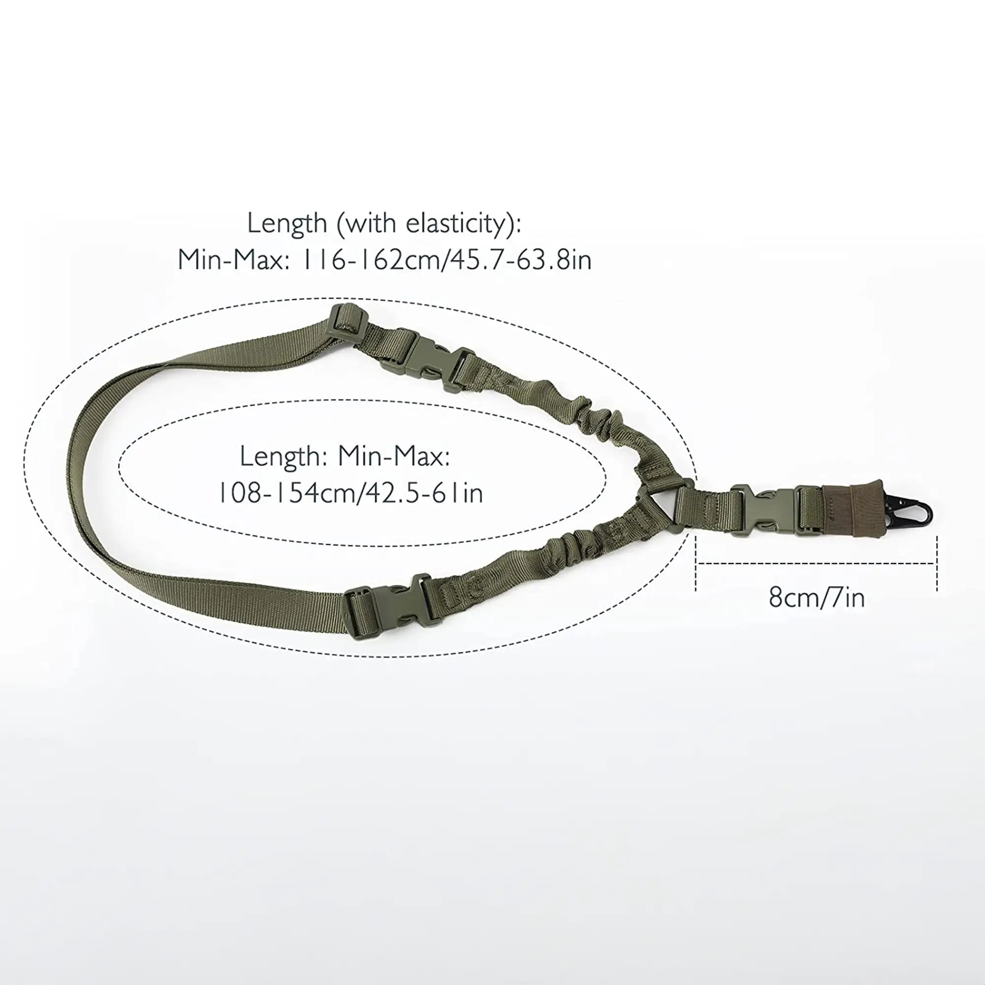 A green adjustable strap with buckle attachments is displayed against a white background. Perfect for VR accessories, text shows length specifications: with elasticity, 116-162 cm (45.7-63.8 in); without elasticity, 108-154 cm (42.5-61 in). The width is approximately 8 cm (7 in).