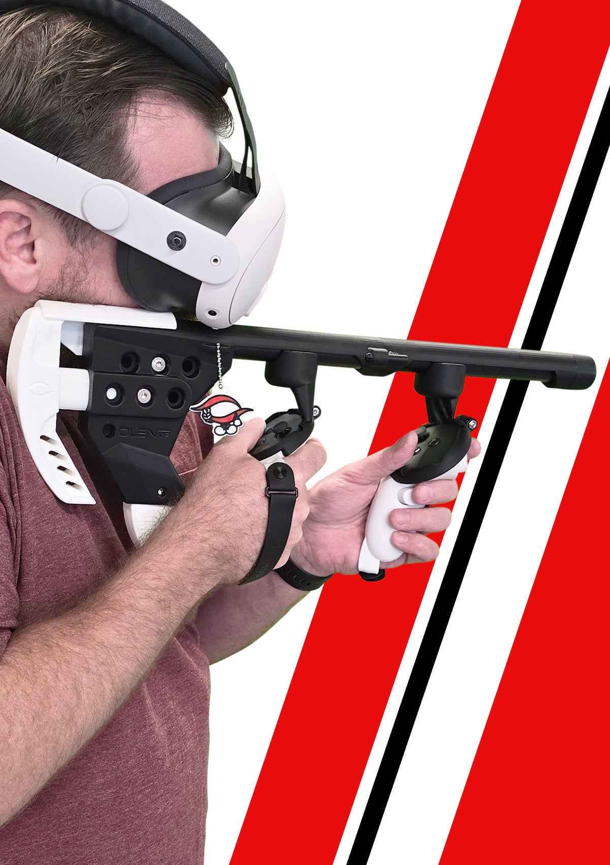 Man Wearing Meta Quest 3 Headset with Controllers Attached to the Lopro VR Gun Stock