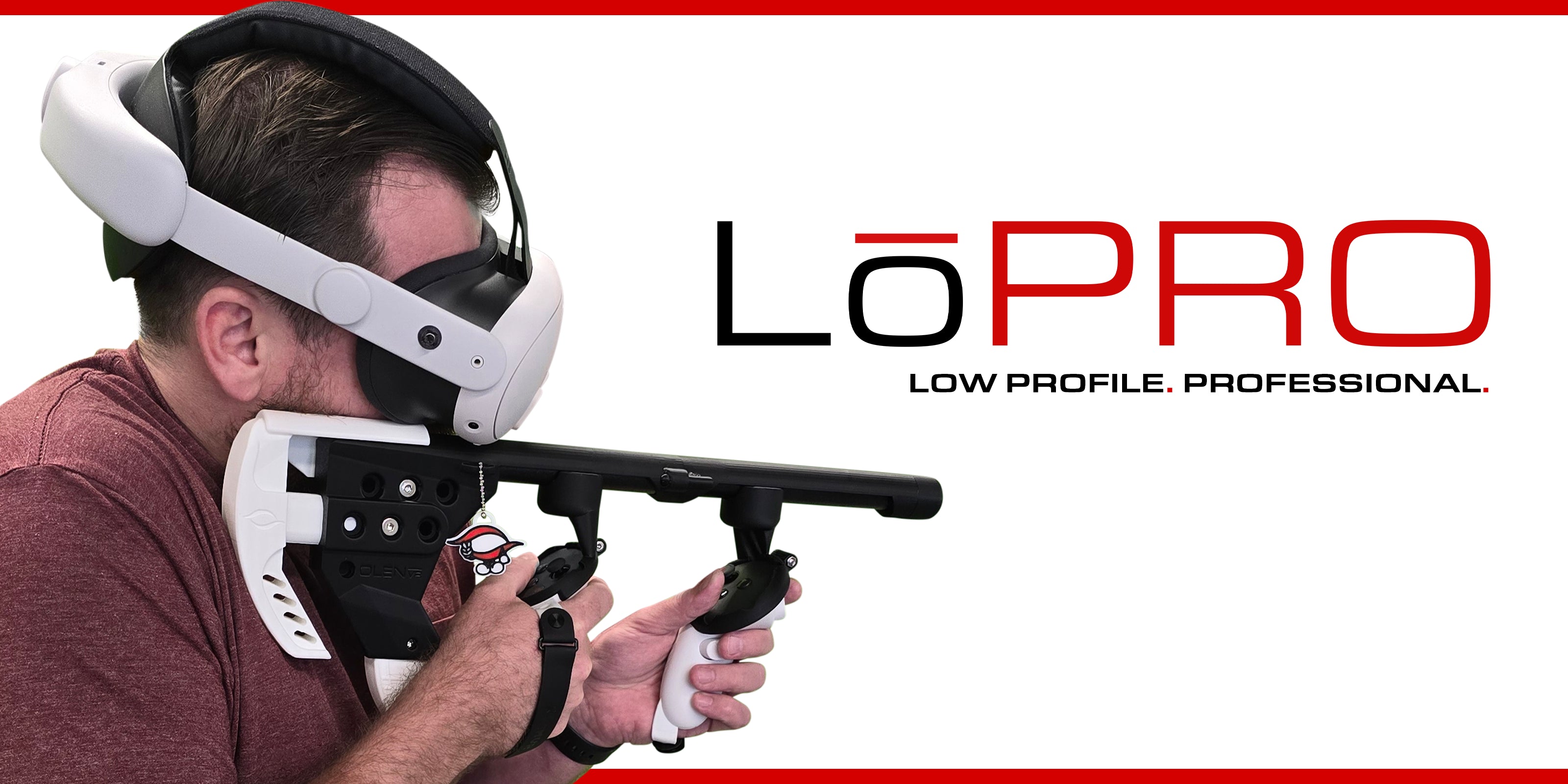 Man Wearing Meta Quest 3 Virtual Reality Headset Attached to the Lopro VR Gun Stock