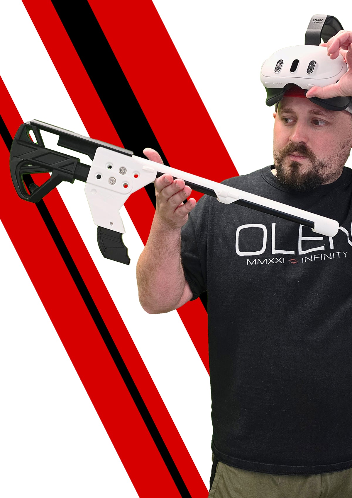 Man Wearing Meta Quest 3 Headset while Holding Up Lopro VR Gun Stock