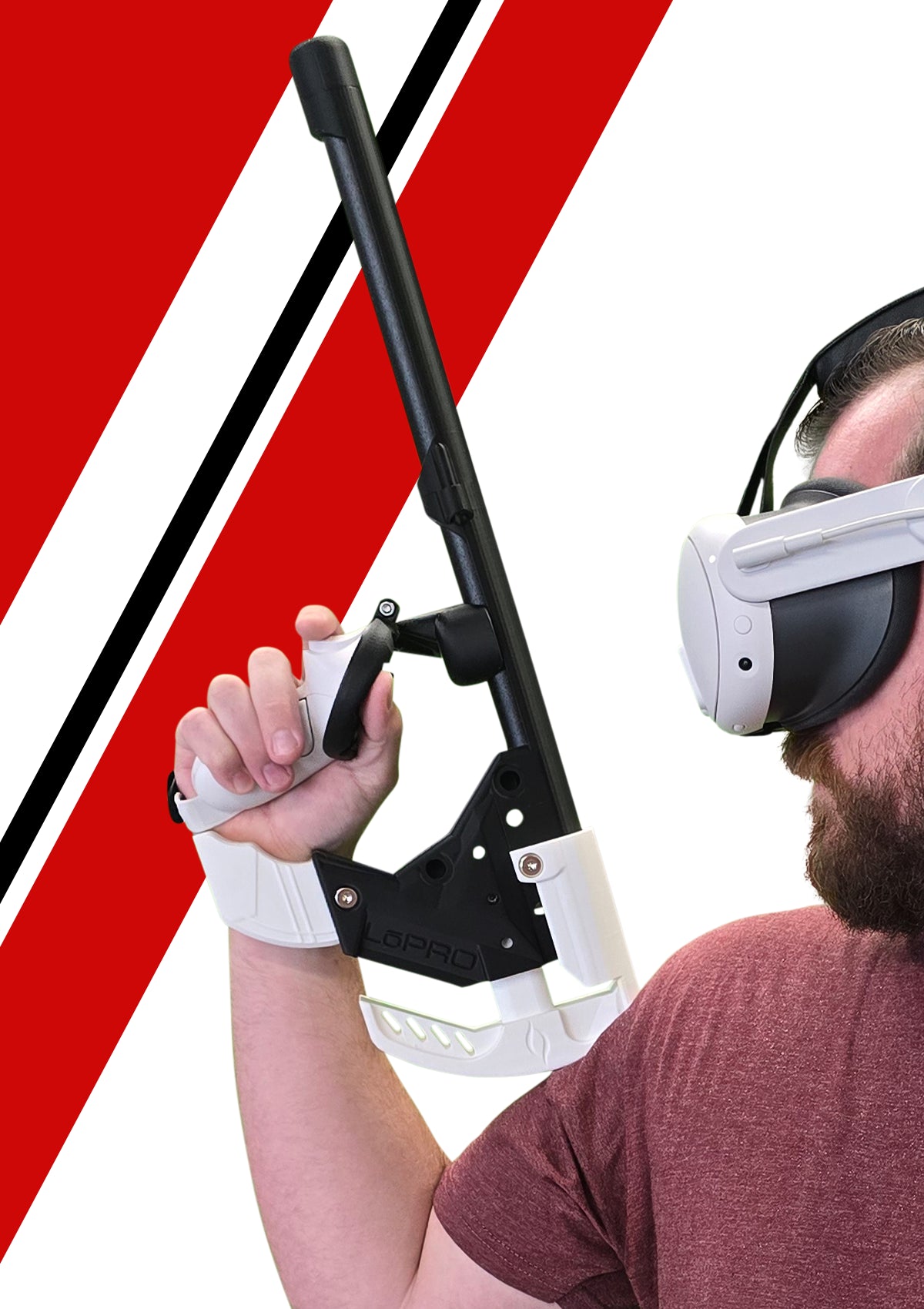 Man Wearing Meta Quest 3 Gun Stock with Controllers Attached to LoPRO VR Gun Stock