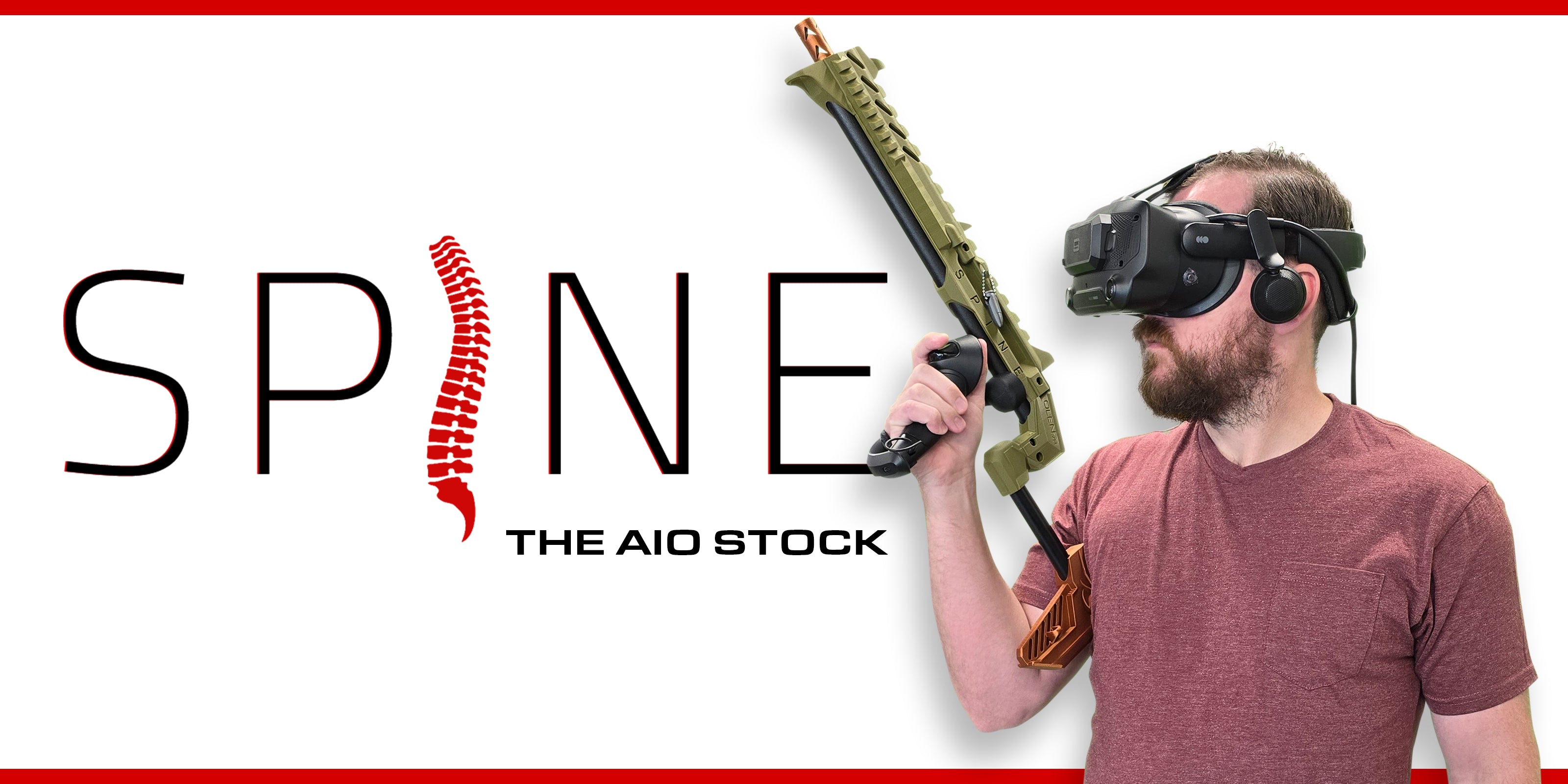 Man Wearing Valve Index Virtual Reality Headset with Spine VR Gun Stock Attached