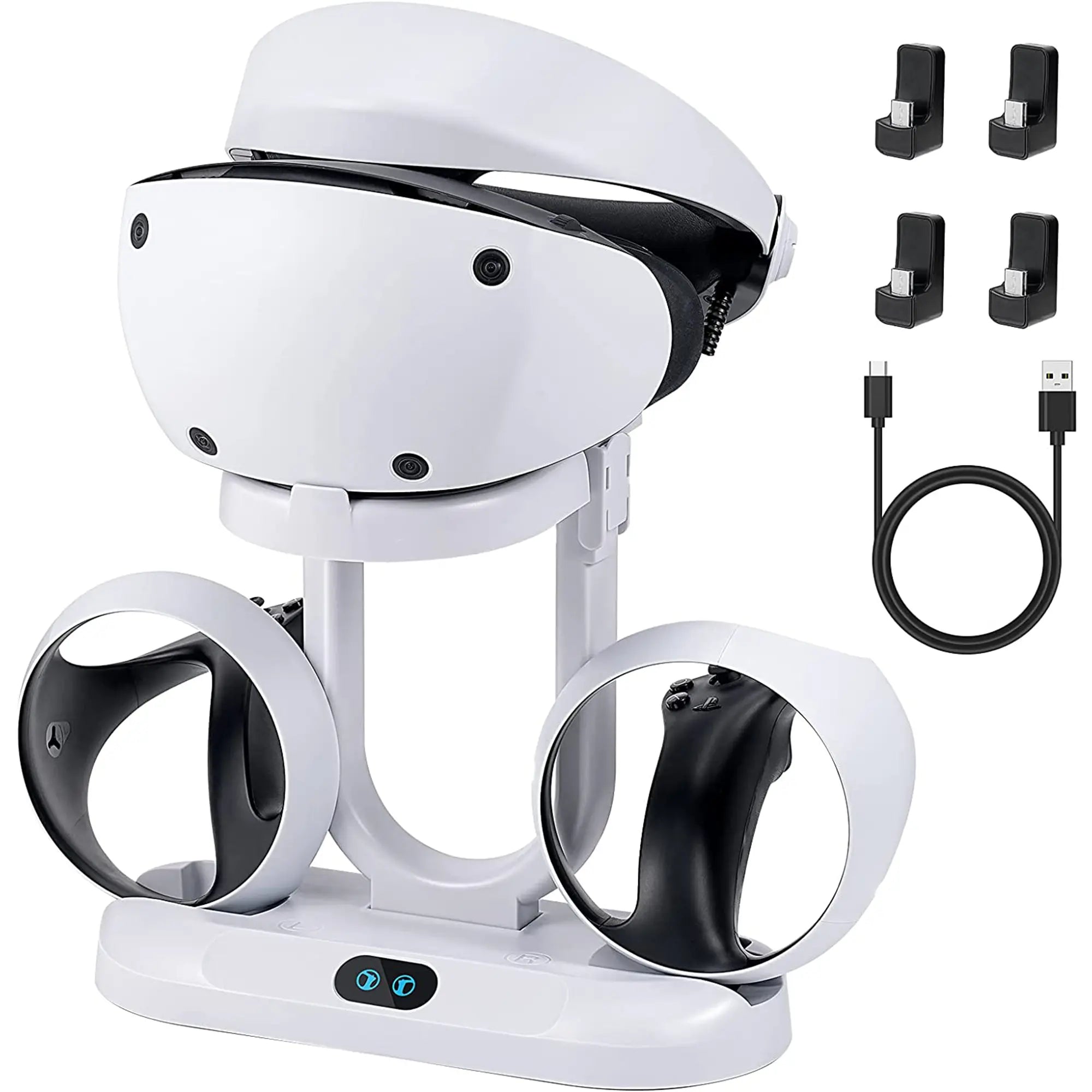 White VR headset with two controllers on a charging dock. Includes a USB cable and four wall mounts, perfect for your gaming setup and enhancing your VR accessories collection.