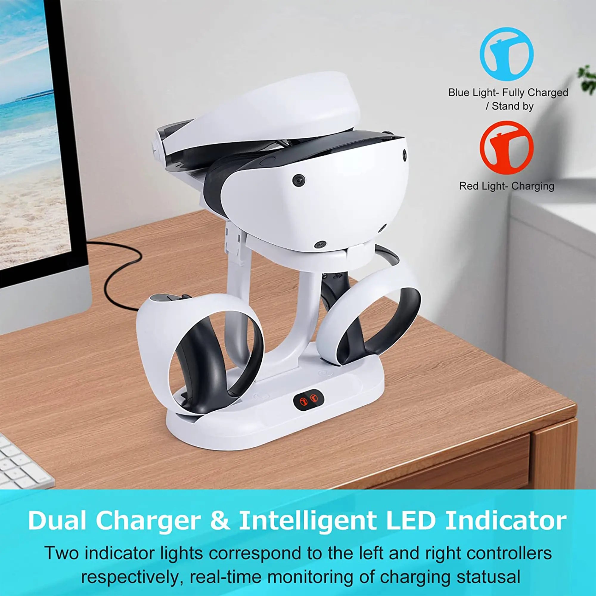 Dual charger for a VR headset and two controllers with LED indicators for charging status on a wooden desk, perfect for enhancing your vr gaming setup with essential vr accessories.