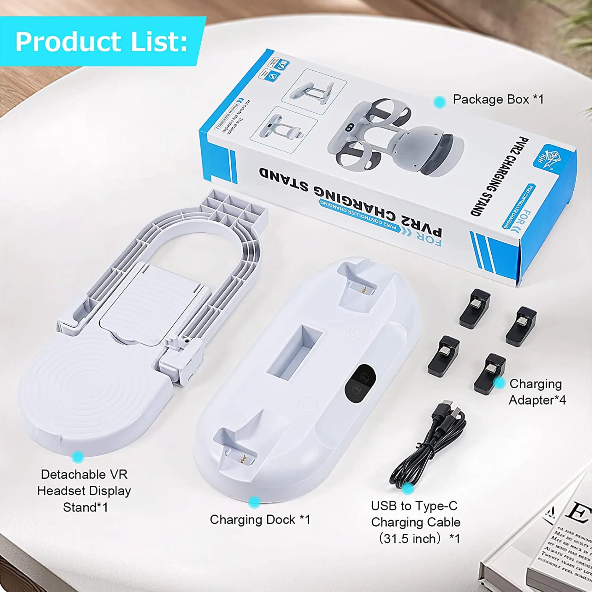 VR gaming headset charging stand with detachable display stand, charging dock, four VR accessories adapters, and USB to Type-C cable. Packaging box included.