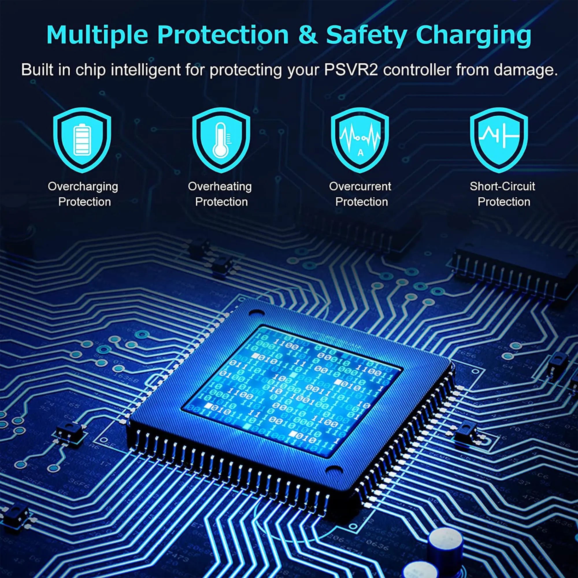 Close-up of a circuit board highlighting a central chip essential for VR gaming. Four icons above it list protections: Overcharging, Overheating, Overcurrent, Short-Circuit.