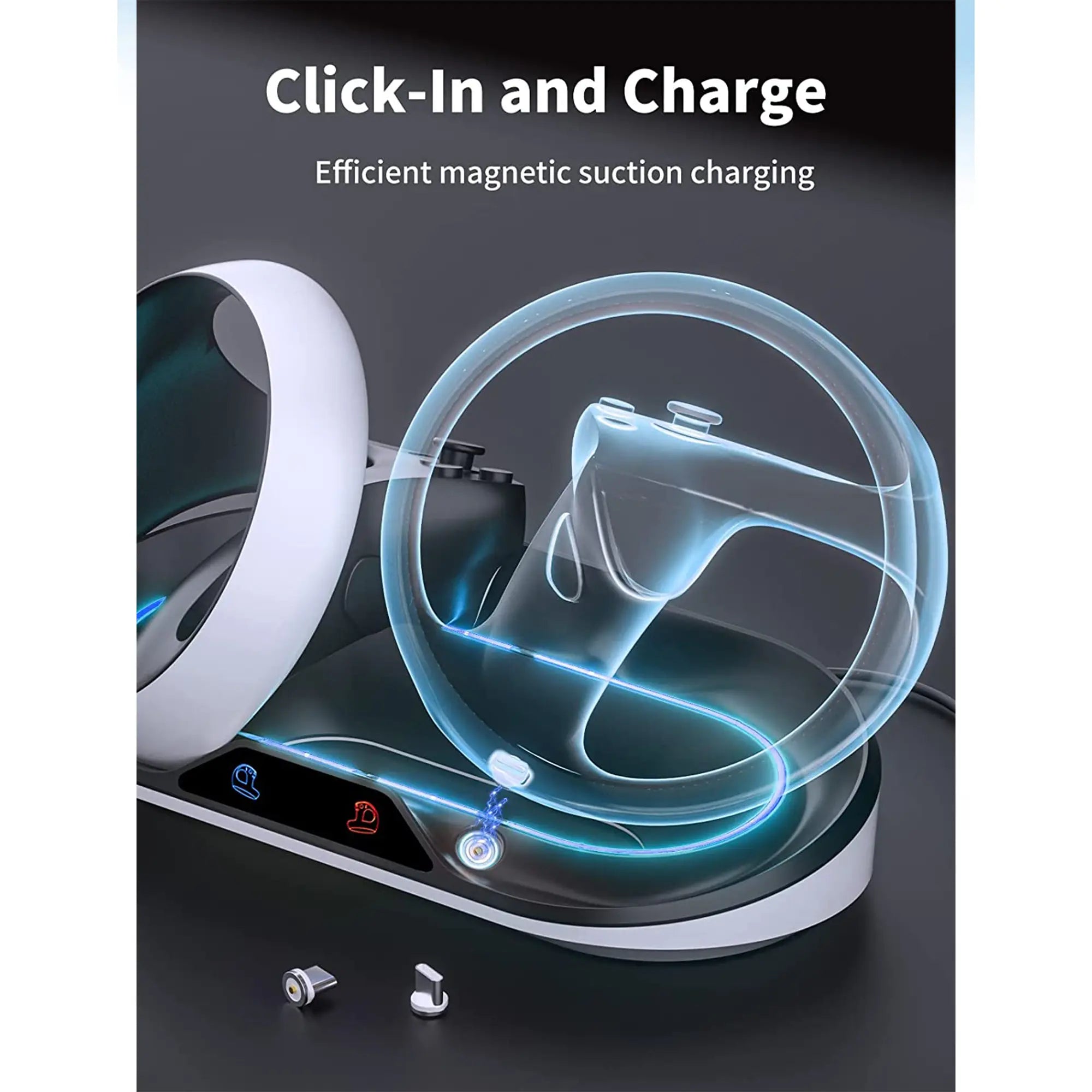 Charging station with magnetic suction charging for a gaming controller and VR accessories, featuring text "Click-In and Charge" and "Efficient magnetic suction charging.