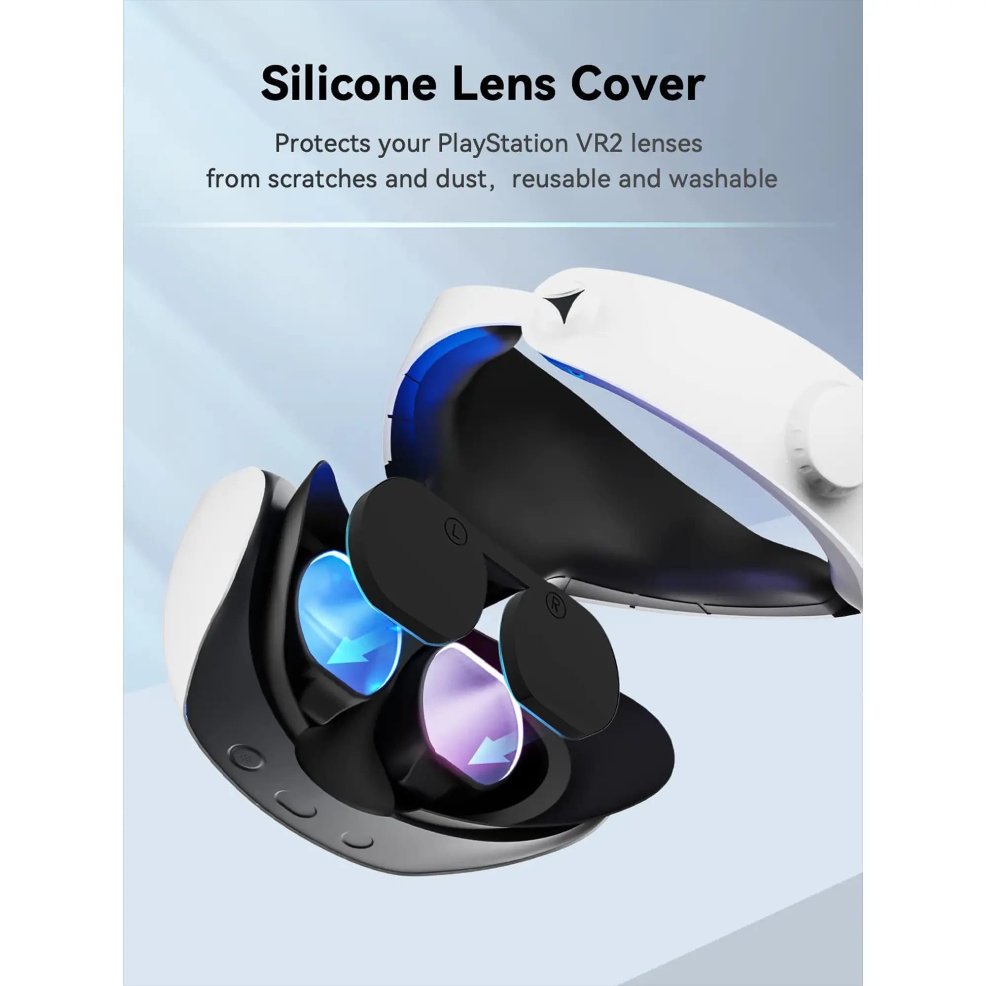 A PlayStation VR2 headset is shown with silicone lens covers protecting the lenses. Text above highlights the advanced protective features, making it an essential addition to your VR accessories for an immersive gaming experience.