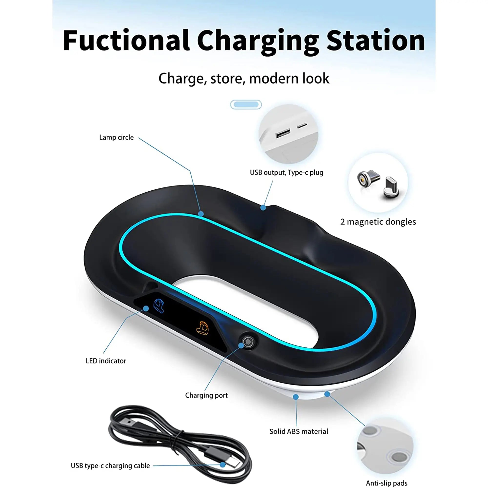 Functional charging station with LED indicator, USB output, Type-C plug, 2 magnetic dongles, anti-slip pads, and solid ABS material—a perfect addition to your gaming setup or collection of VR accessories.