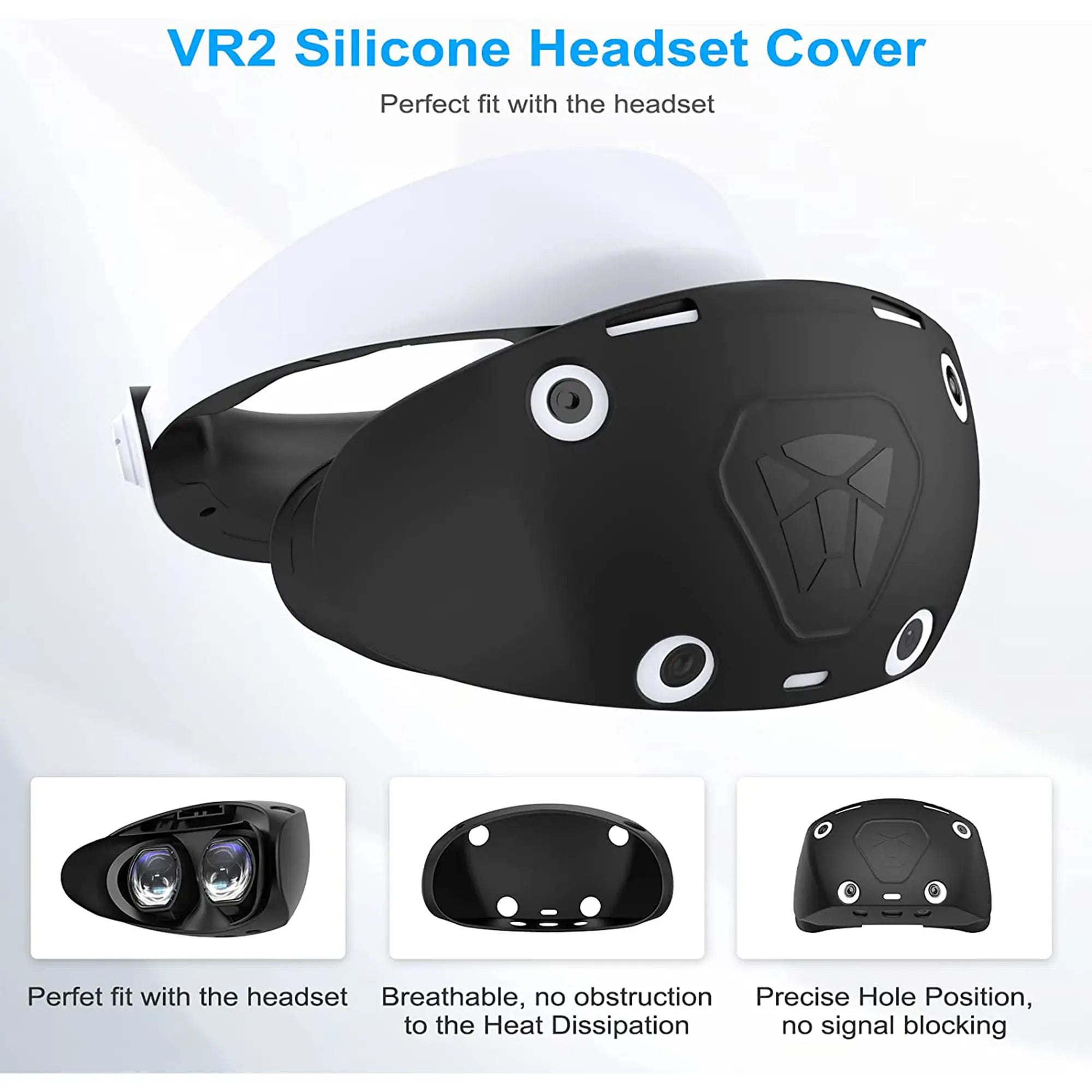 A black VR2 silicone headset cover, perfect for gaming, is shown with precise holes. Smaller images detail its fit, breathability, and accurate hole position among other vr accessories.