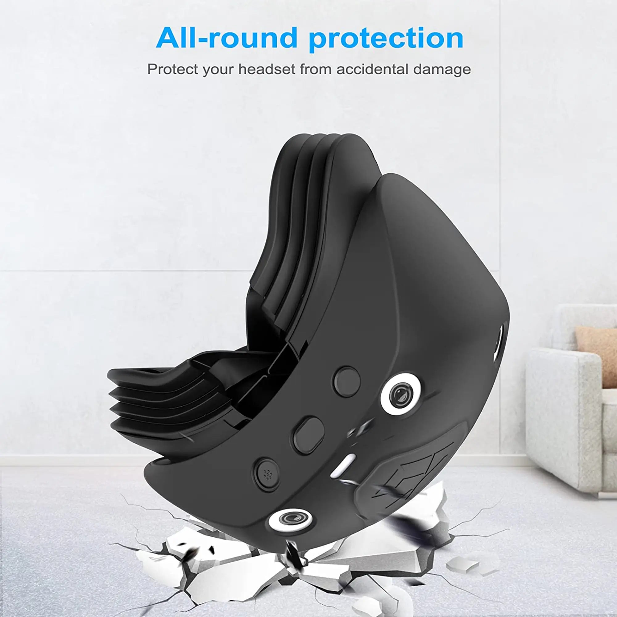 Black headset case with multiple compartments, positioned on a cracked surface. Text above reads "All-round protection" and a subtext. Perfect for safeguarding your VR accessories and gaming gear.