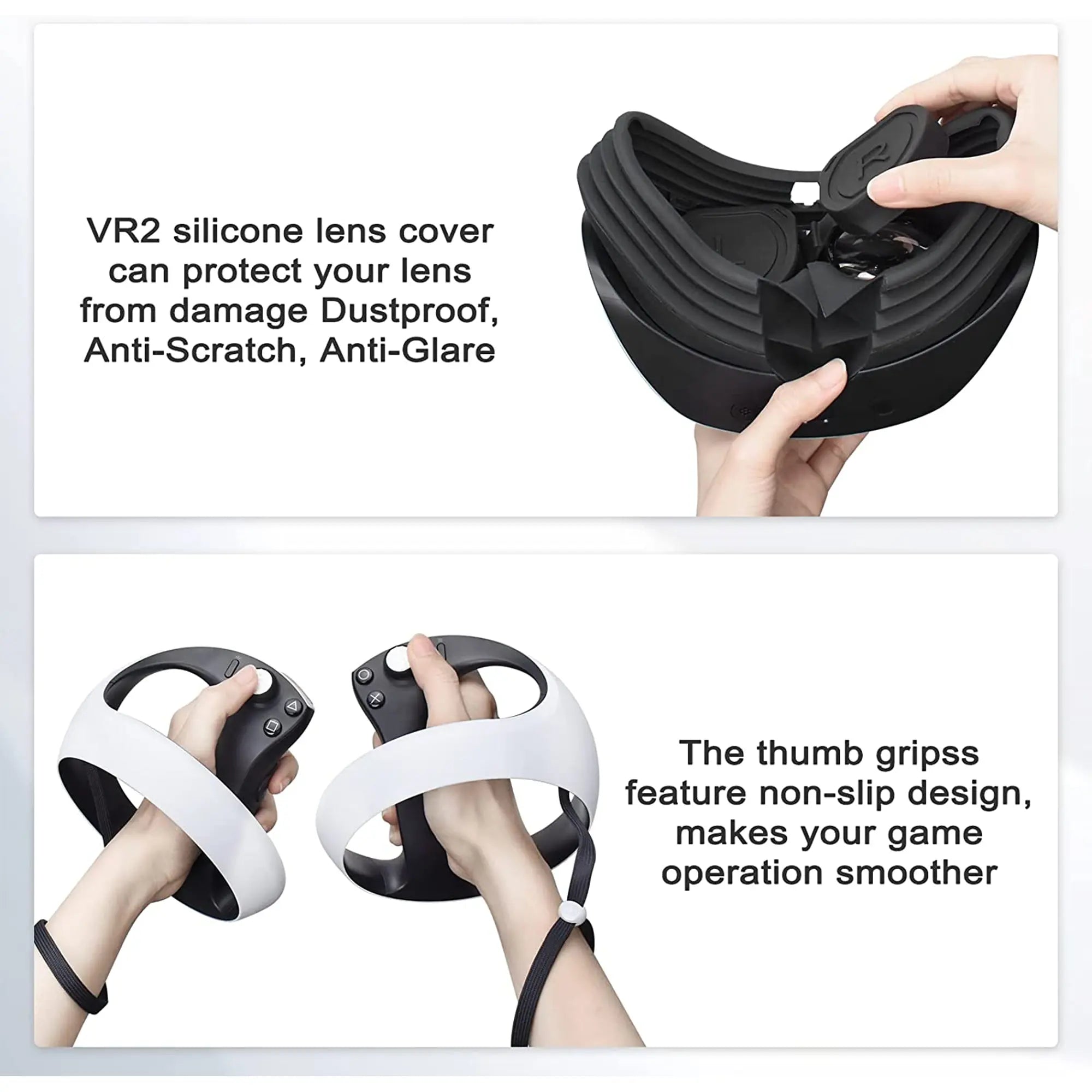 Top: Hands holding a folded black VR2 silicone lens cover. Bottom: Hands grasping two VR controllers with white straps and non-slip thumb grips, must-have VR accessories for immersive gaming.