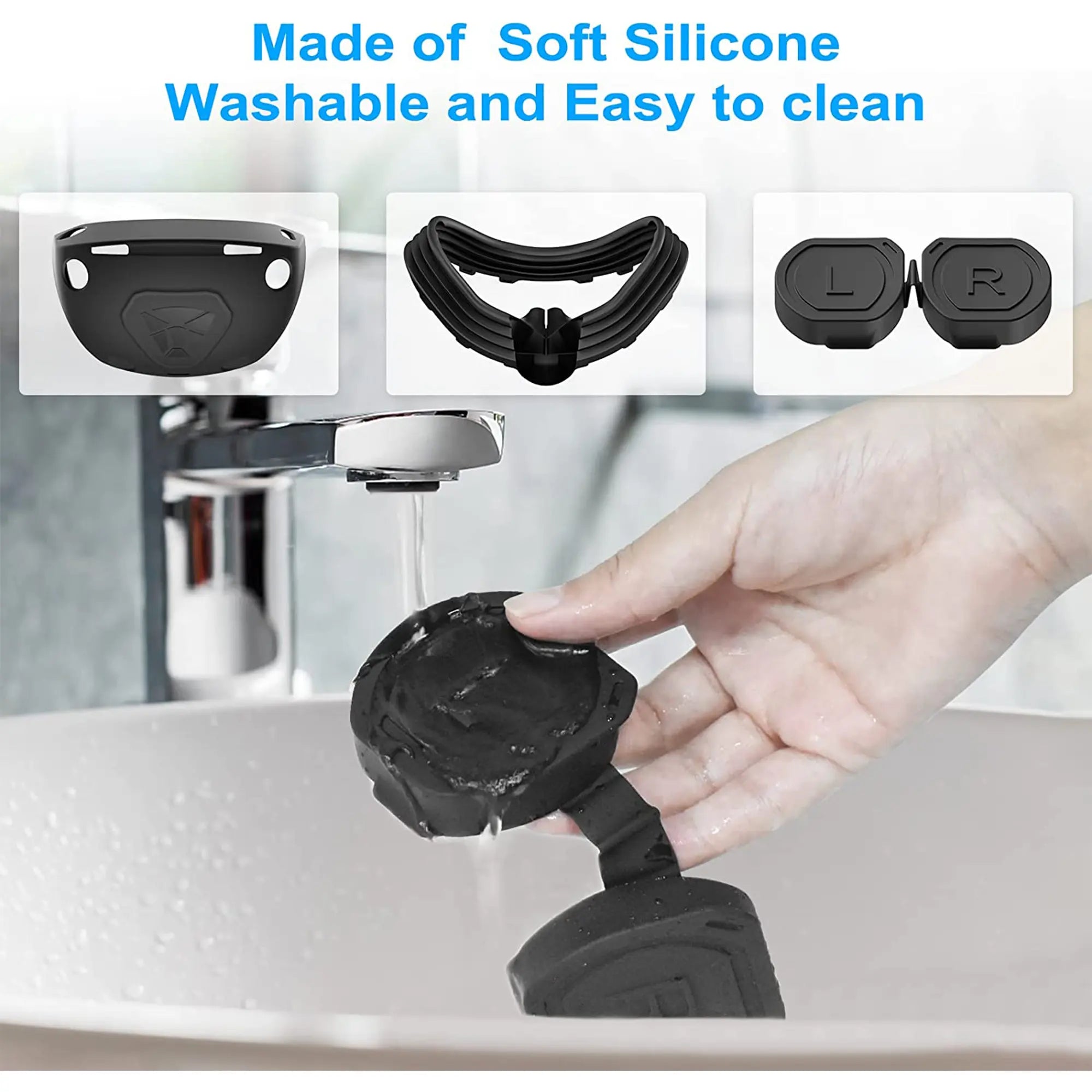 Hand washing a black silicone mask with images of the mask components above; text reads, "Made of Soft Silicone Washable and Easy to clean. Ideal for VR accessories and gaming enthusiasts.