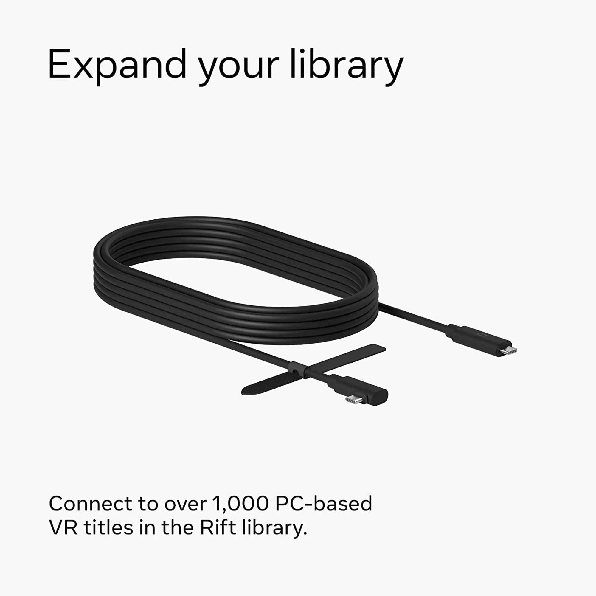 Image of a black VR cable coiled in a loop against a light gray background. The text "Expand your library" appears at the top, while "Connect to over 1,000 PC-based VR titles in the Rift library with essential VR accessories." is written at the bottom.