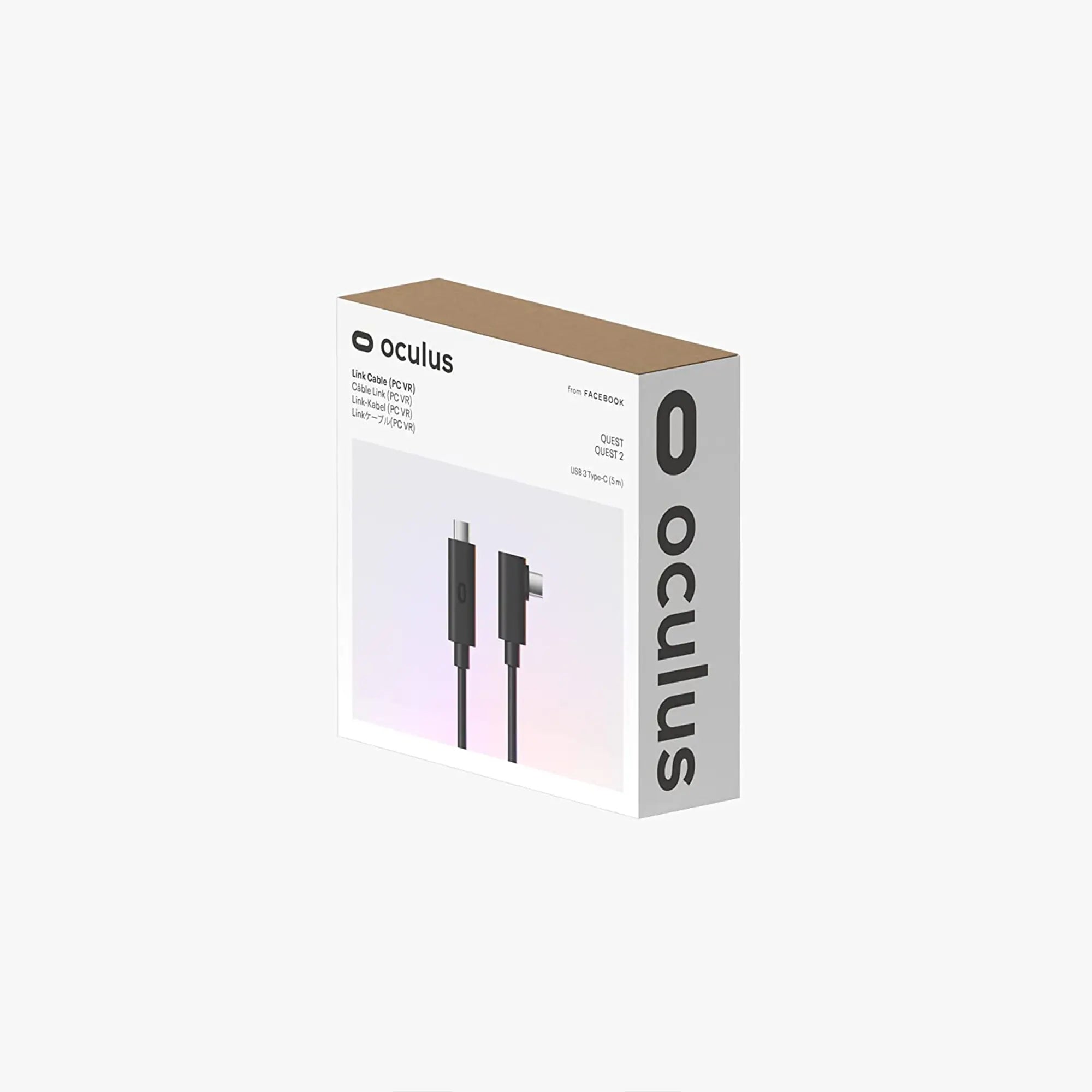 The image shows the packaging of an Oculus Link Cable, a must-have VR accessory. The box is primarily white with the Oculus logo and a picture of the cable on the front. Featuring USB Type-C connectors on both ends, this cable is essential for connecting your Oculus VR headset to a PC for an enhanced gaming experience.