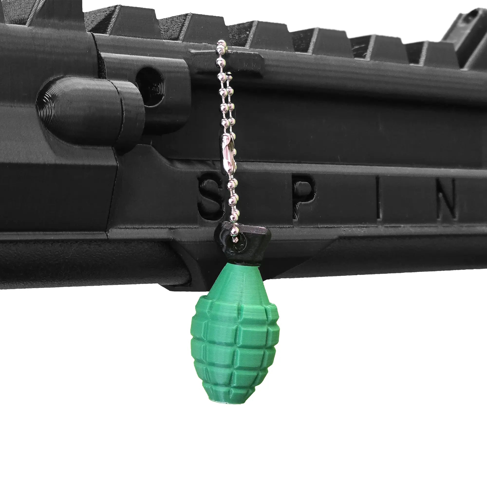 Grenade keychain hanging from a SPINE VR Gun Stock using a ball chain 