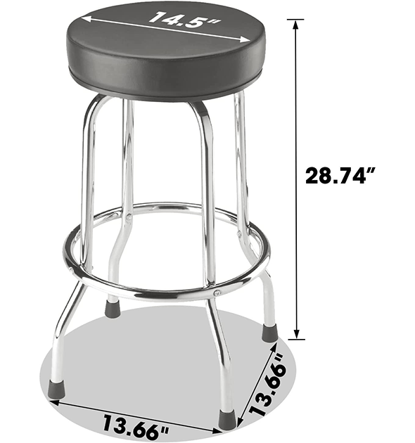 An image of a bar stool with a round black cushioned seat, chrome-plated legs, and a circular footrest. Perfect for gaming setups or VR accessories, the stool's seat measures 14.5 inches in diameter, its height is 28.74 inches, and the base measures 13.66 inches across.